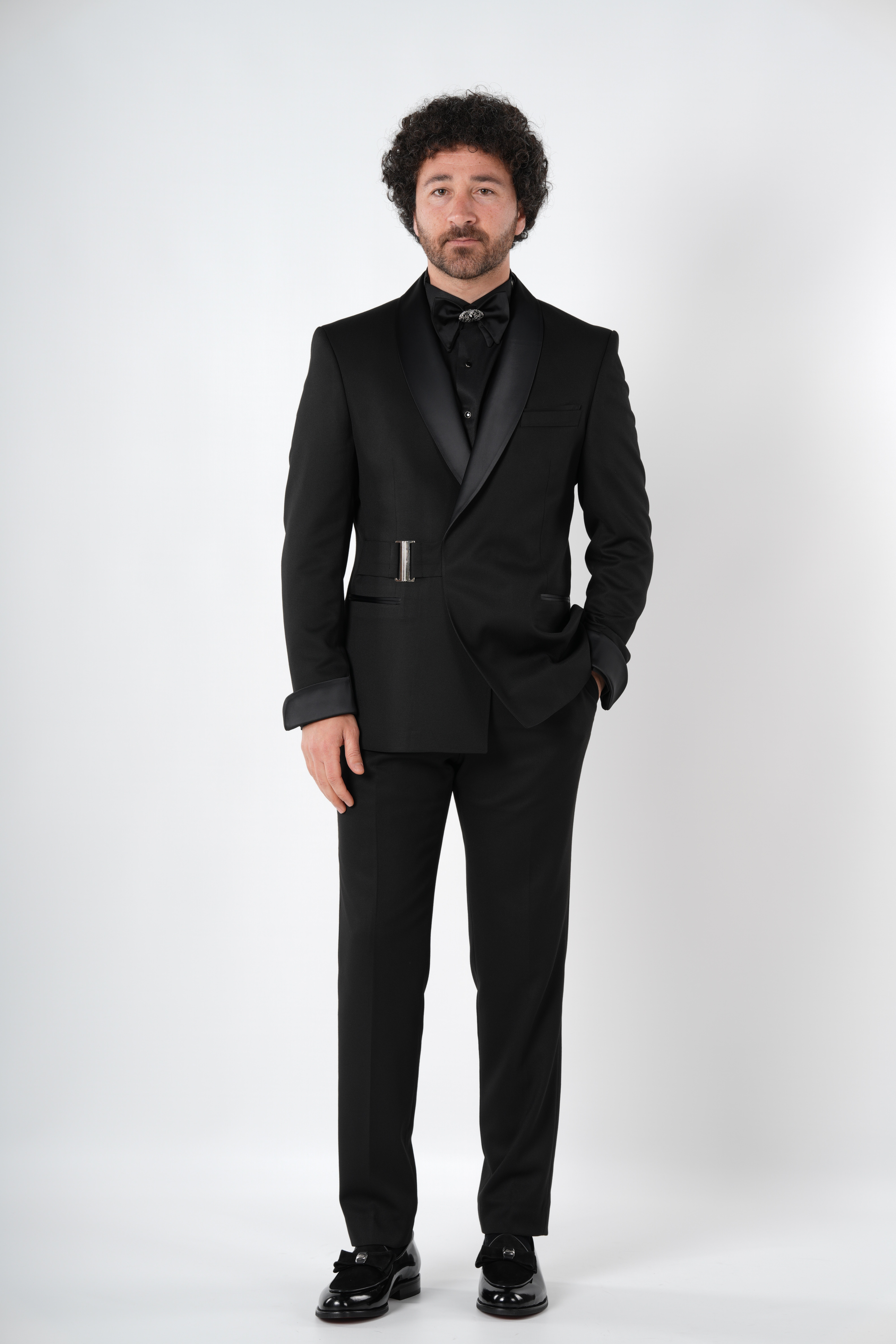 Erkek Kruvaze Smokin Damatlık Gümüş Toka i Şal Yaka İtalyan Stil Slim Fit Ceket Pantolon Papyon-Siyah