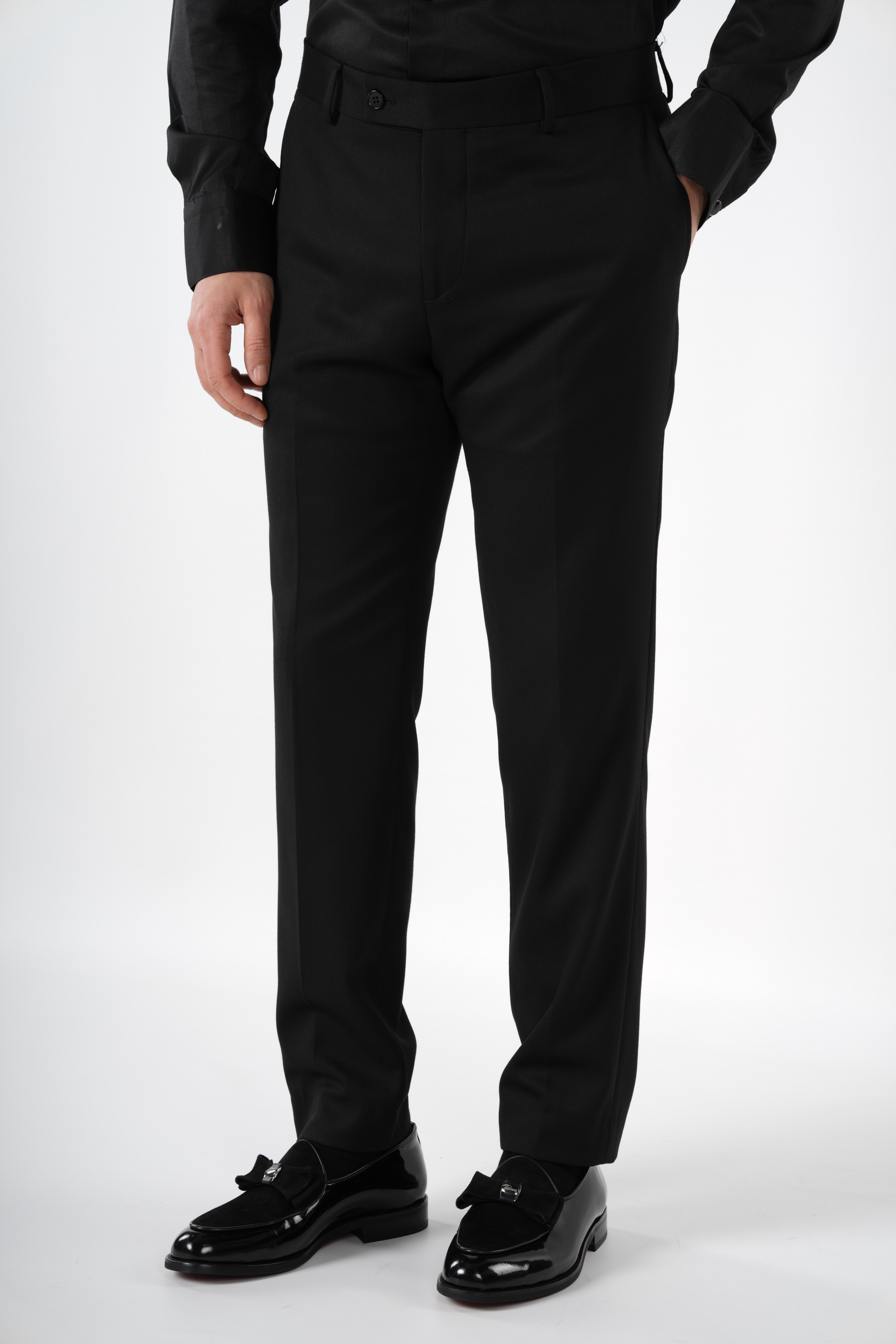 Erkek Kruvaze Smokin Damatlık  Kırlangıç Yaka İtalyan Stil Slim Fit Ceket Pantolon Papyon-Siyah
