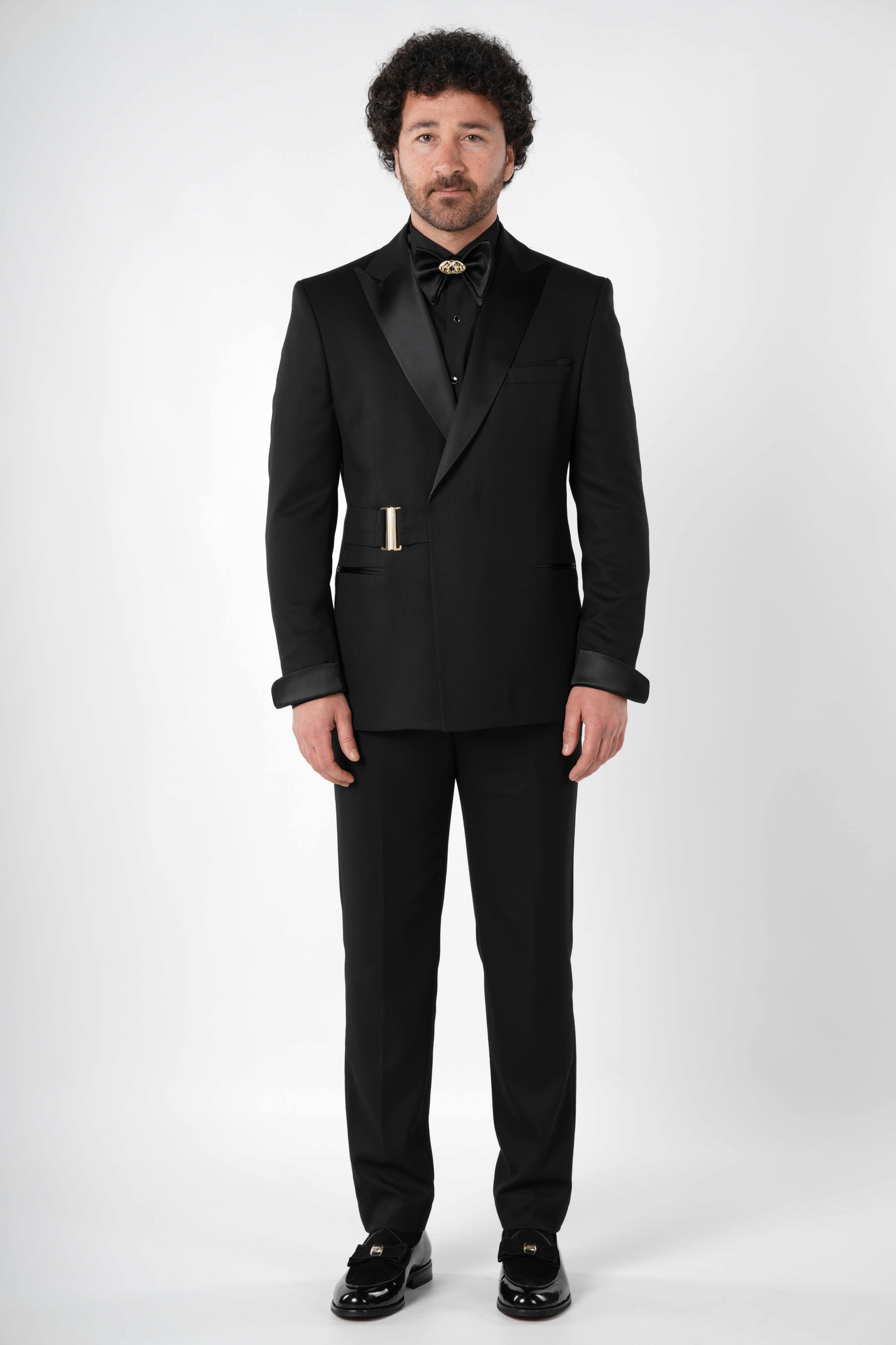 Erkek Kruvaze Smokin Damatlık  Kırlangıç Yaka İtalyan Stil Slim Fit Ceket Pantolon Papyon-Siyah