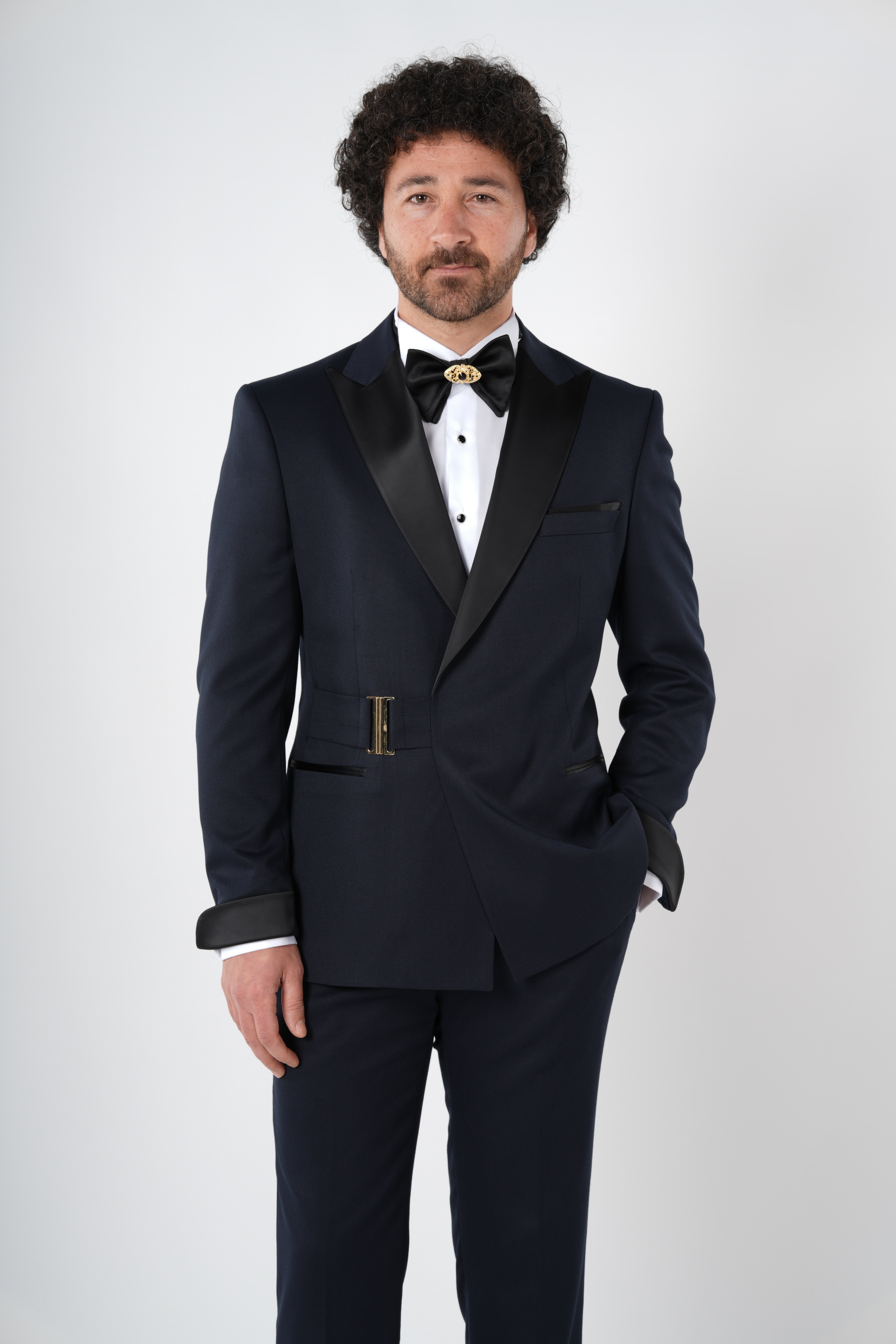 Erkek Kruvaze Smokin Damatlık  Kırlangıç Yaka İtalyan Stil Slim Fit Ceket Pantolon Papyon-Lacivert