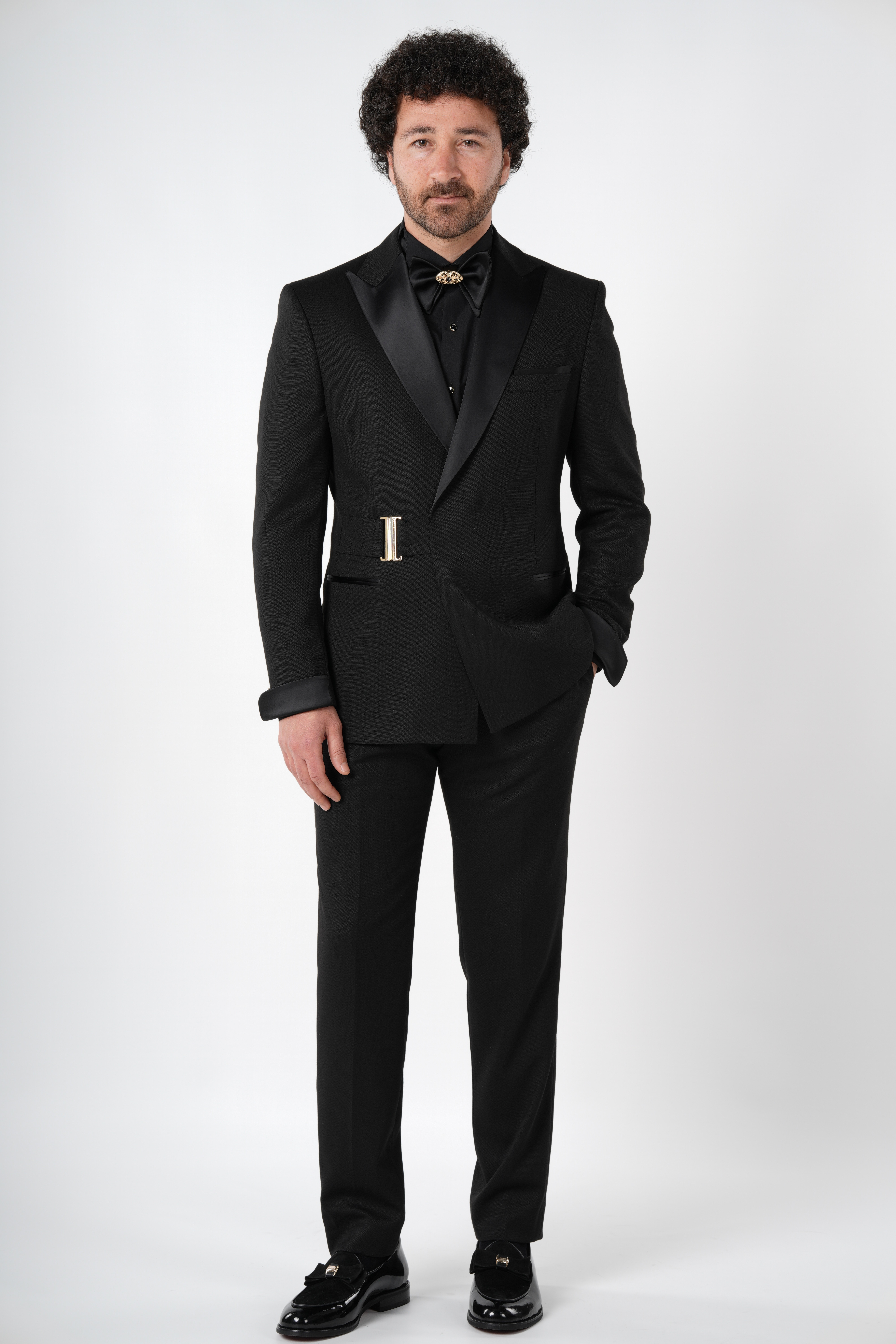 Erkek Kruvaze Smokin Damatlık  Kırlangıç Yaka İtalyan Stil Slim Fit Ceket Pantolon Papyon-Siyah