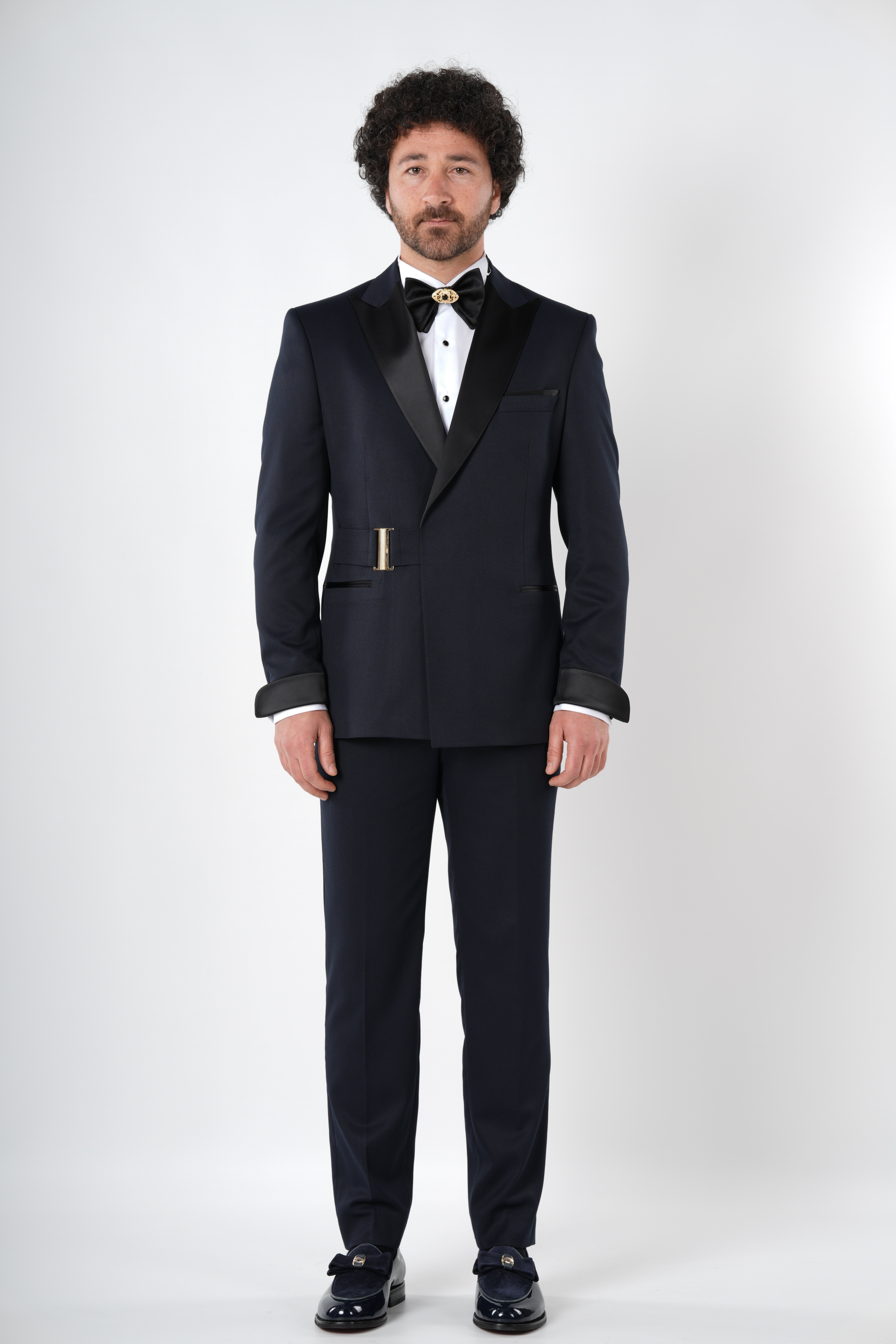 Erkek Kruvaze Smokin Damatlık  Kırlangıç Yaka İtalyan Stil Slim Fit Ceket Pantolon Papyon-Lacivert