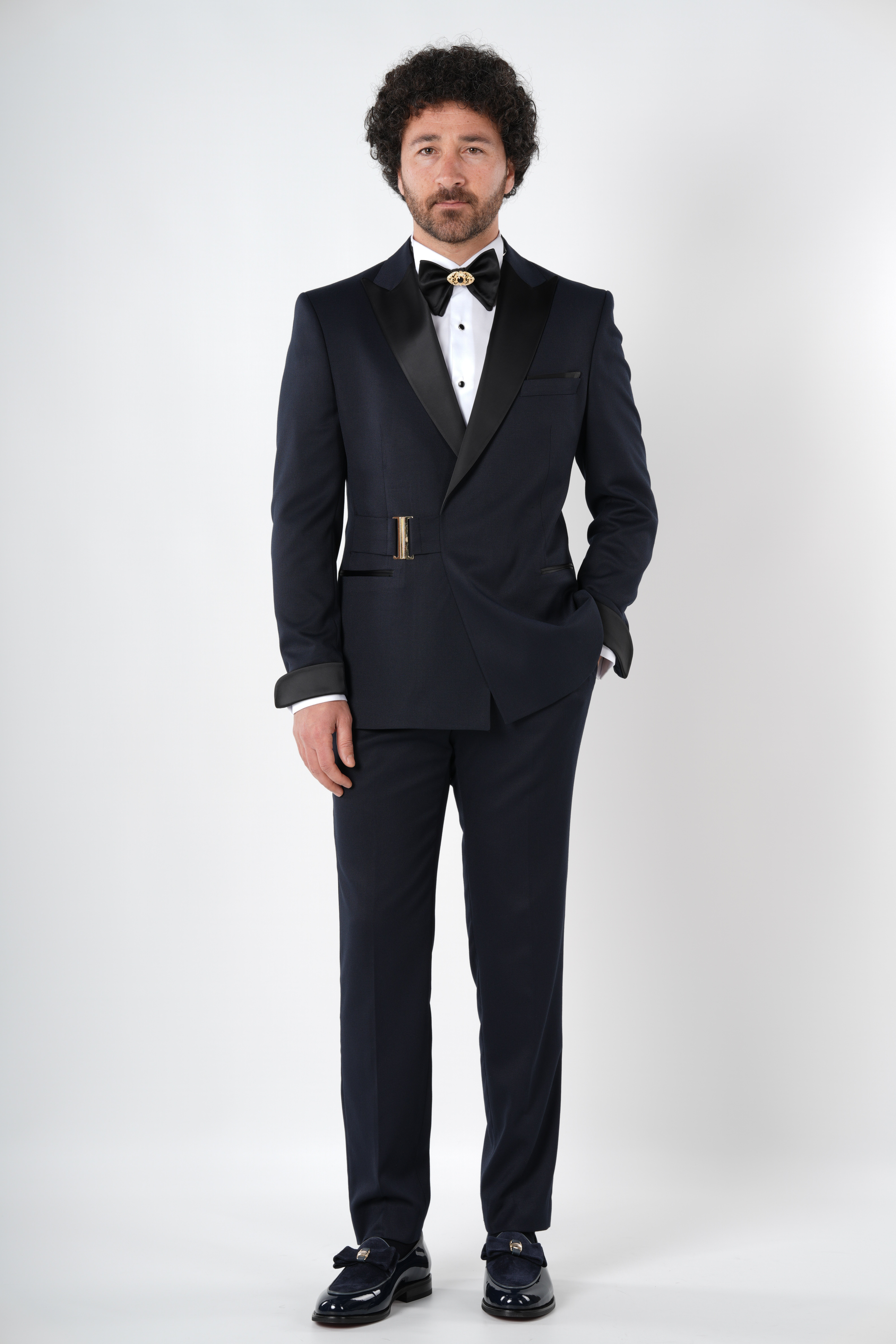 Erkek Kruvaze Smokin Damatlık  Kırlangıç Yaka İtalyan Stil Slim Fit Ceket Pantolon Papyon-Lacivert