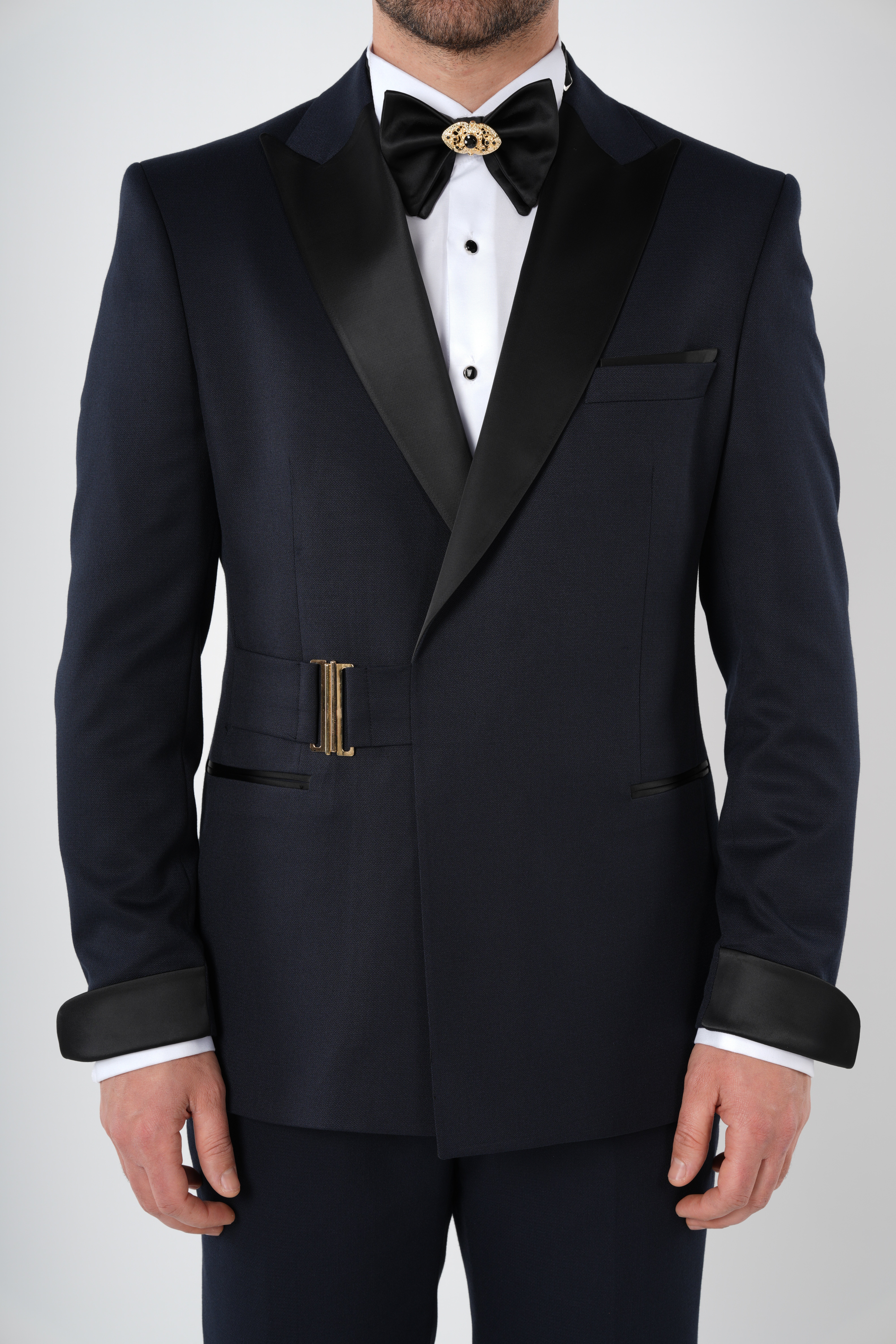 Erkek Kruvaze Smokin Damatlık  Kırlangıç Yaka İtalyan Stil Slim Fit Ceket Pantolon Papyon-Lacivert