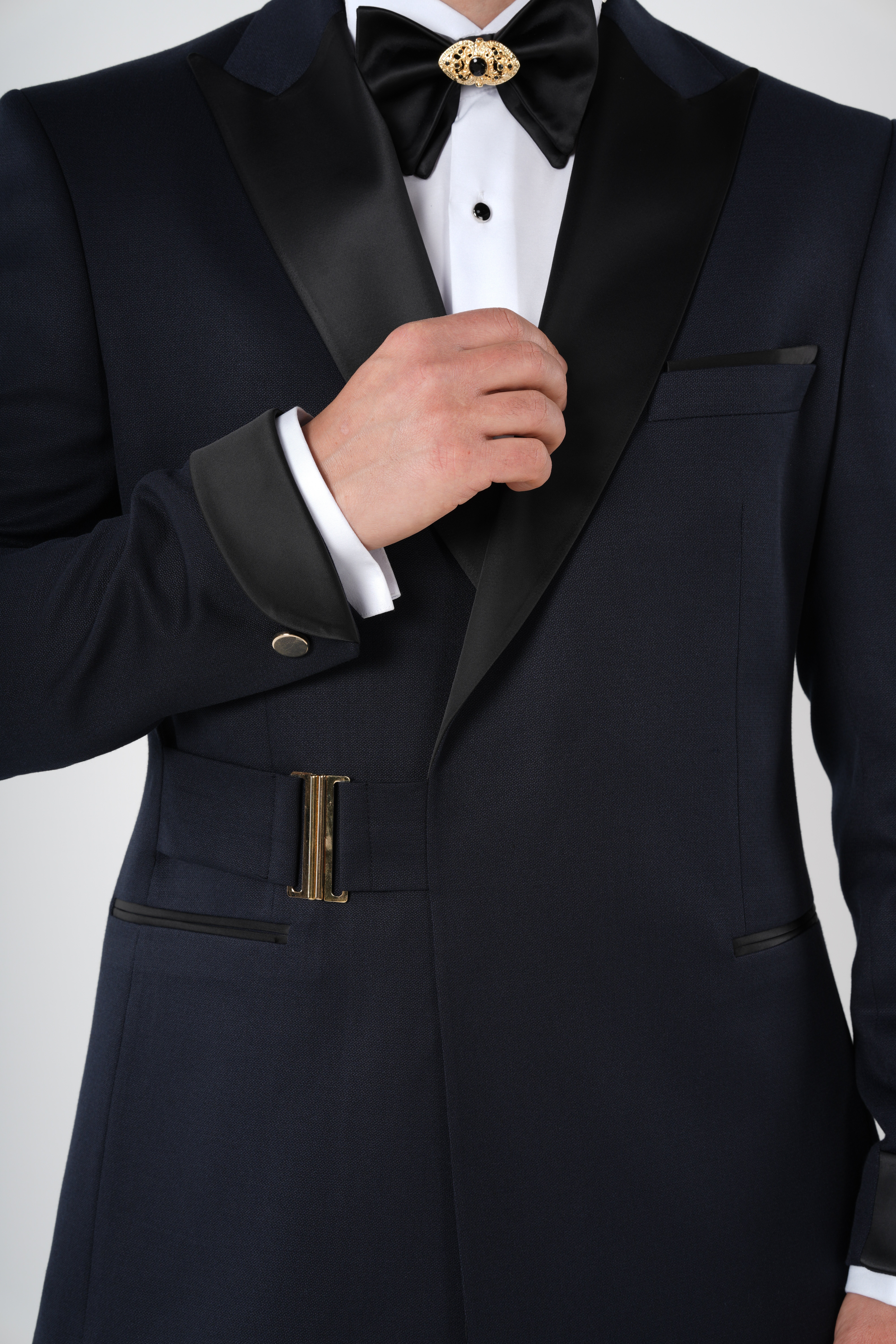 Erkek Kruvaze Smokin Damatlık  Kırlangıç Yaka İtalyan Stil Slim Fit Ceket Pantolon Papyon-Lacivert