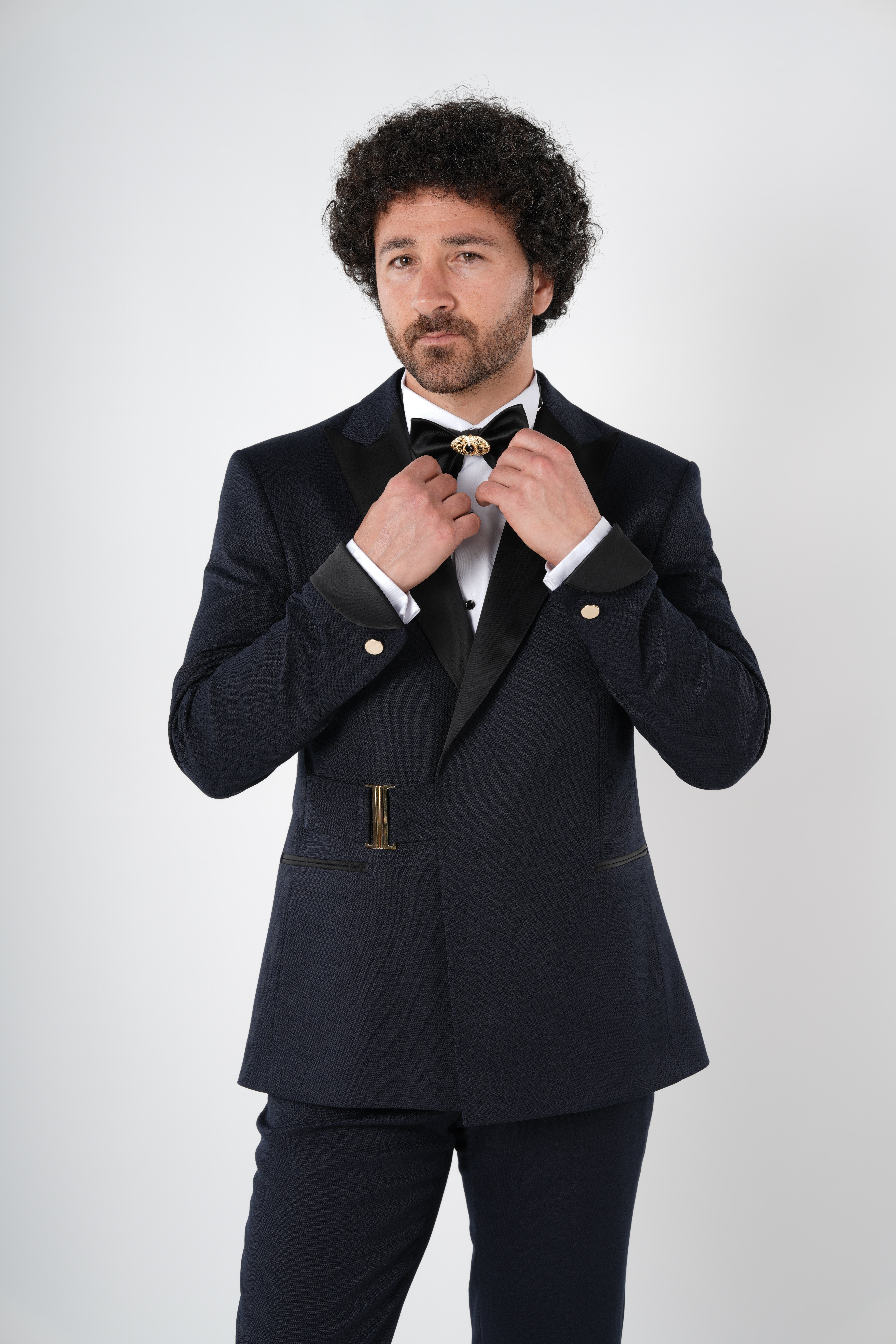 Erkek Kruvaze Smokin Damatlık  Kırlangıç Yaka İtalyan Stil Slim Fit Ceket Pantolon Papyon-Lacivert