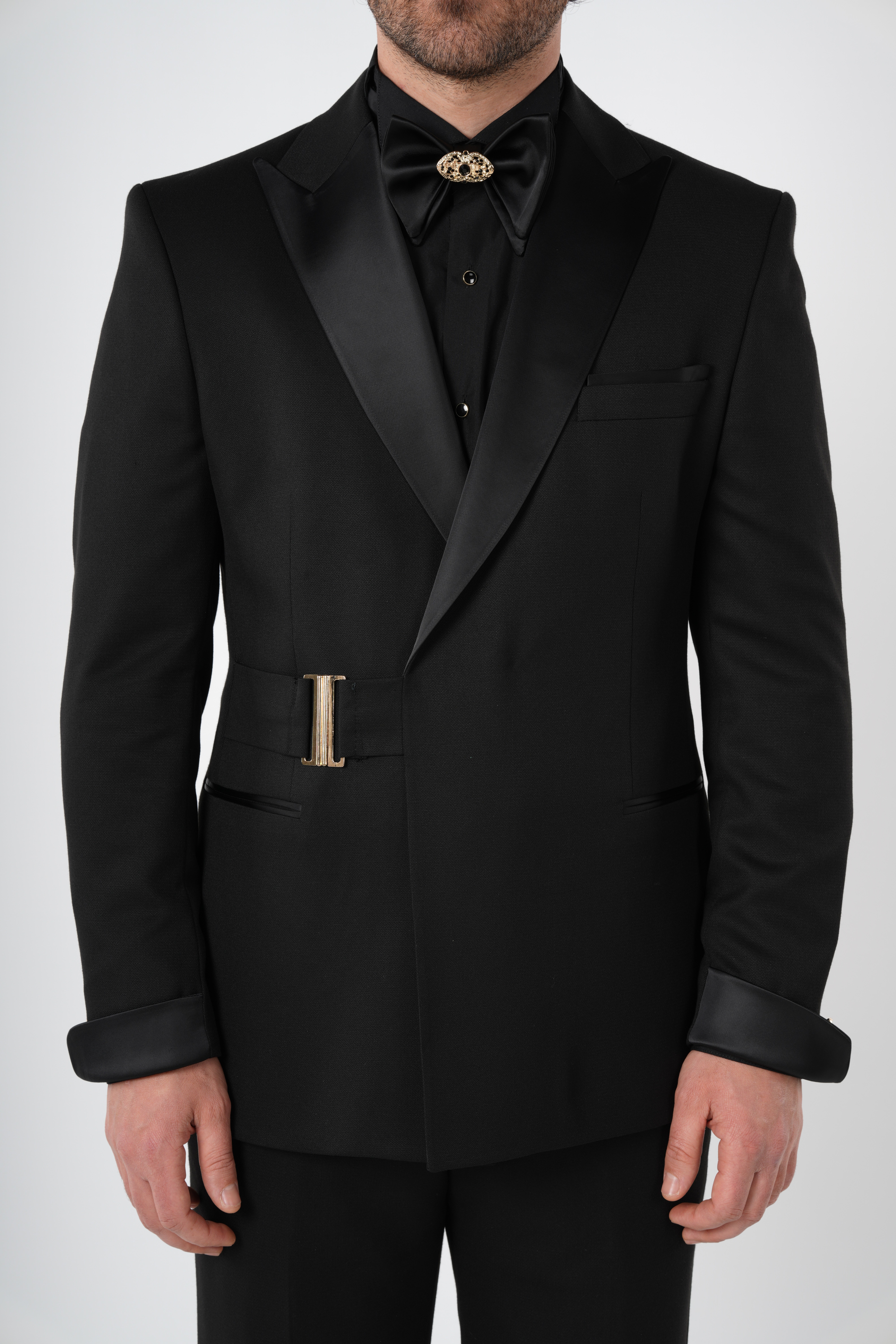 Erkek Kruvaze Smokin Damatlık  Kırlangıç Yaka İtalyan Stil Slim Fit Ceket Pantolon Papyon-Siyah