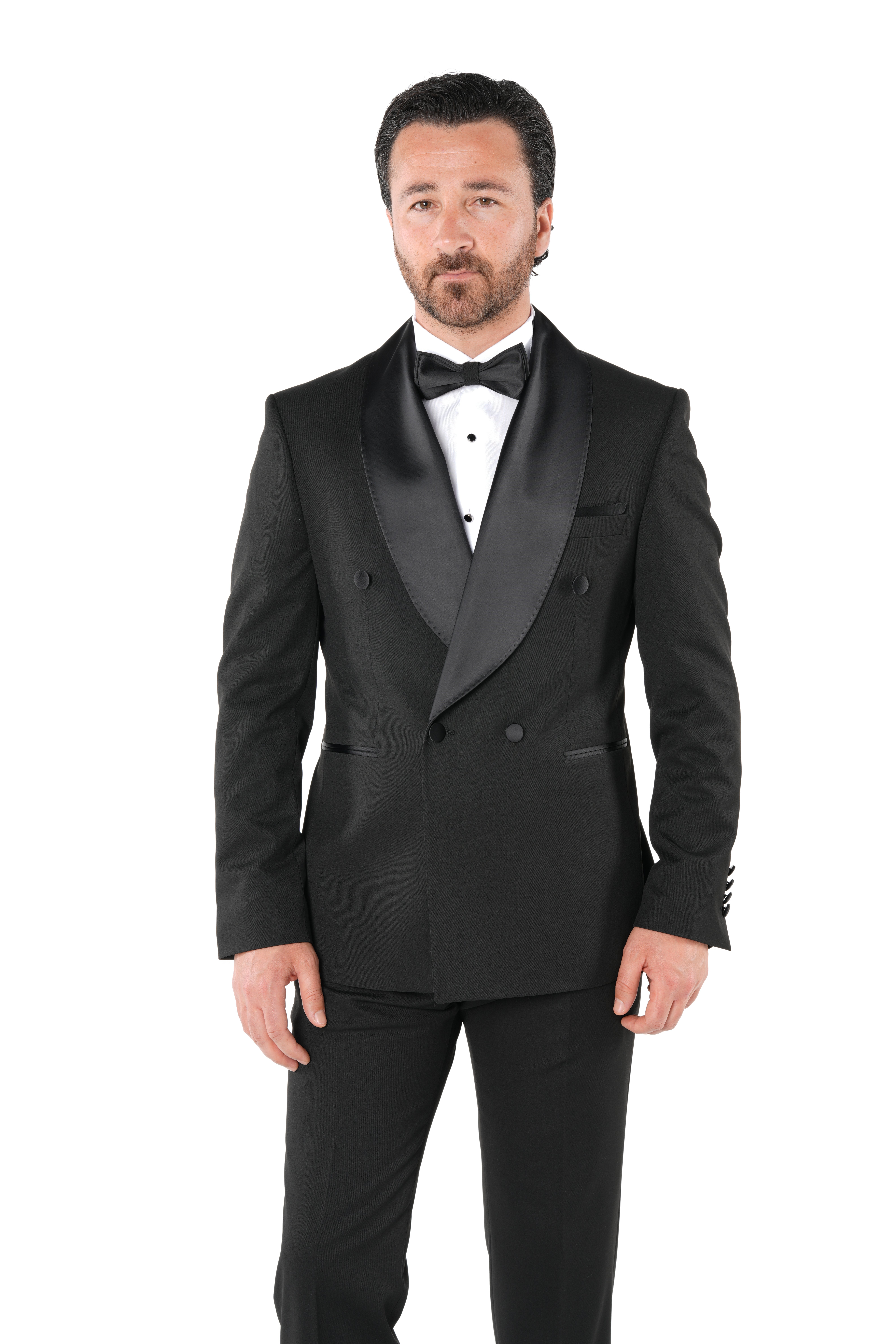 Erkek Kruvaze Smokin Damatlık Manşet Kollu Şall Yaka İtalyan Stil Slim Fit Ceket Pantolon Papyon-Siyah-Siyah