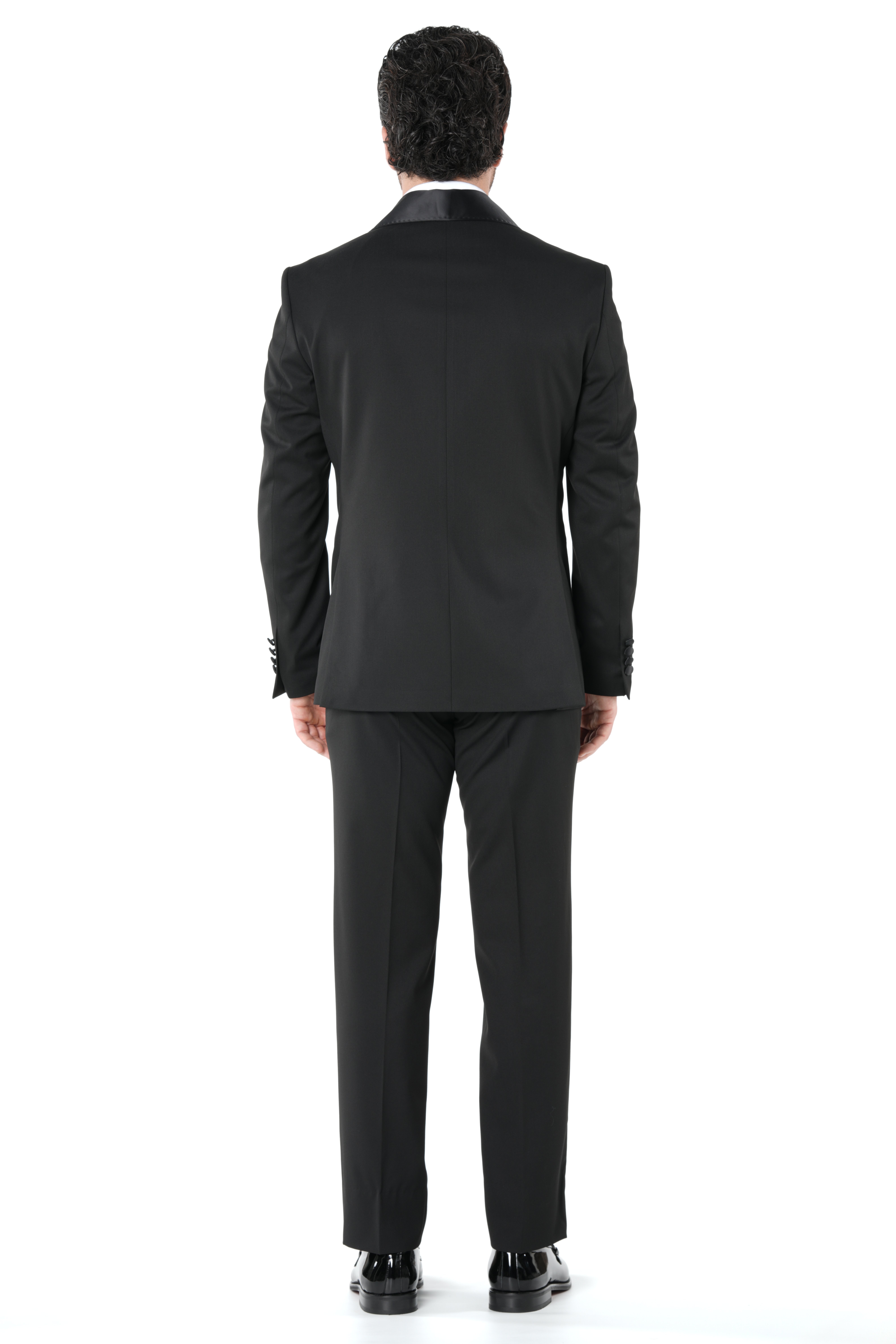 Erkek Kruvaze Smokin Damatlık Manşet Kollu Şall Yaka İtalyan Stil Slim Fit Ceket Pantolon Papyon-Siyah-Siyah