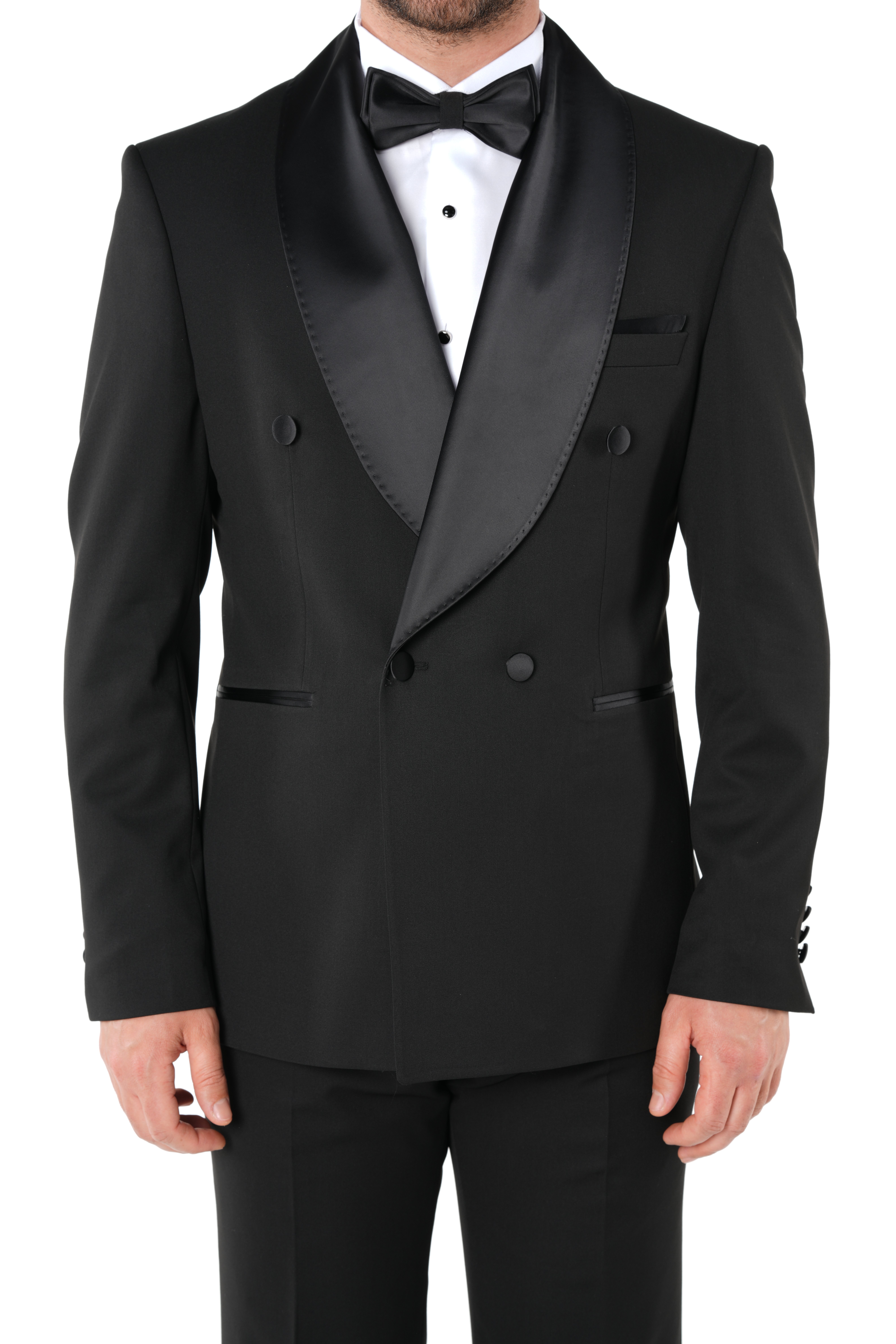 Erkek Kruvaze Smokin Damatlık Manşet Kollu Şall Yaka İtalyan Stil Slim Fit Ceket Pantolon Papyon-Siyah-Siyah