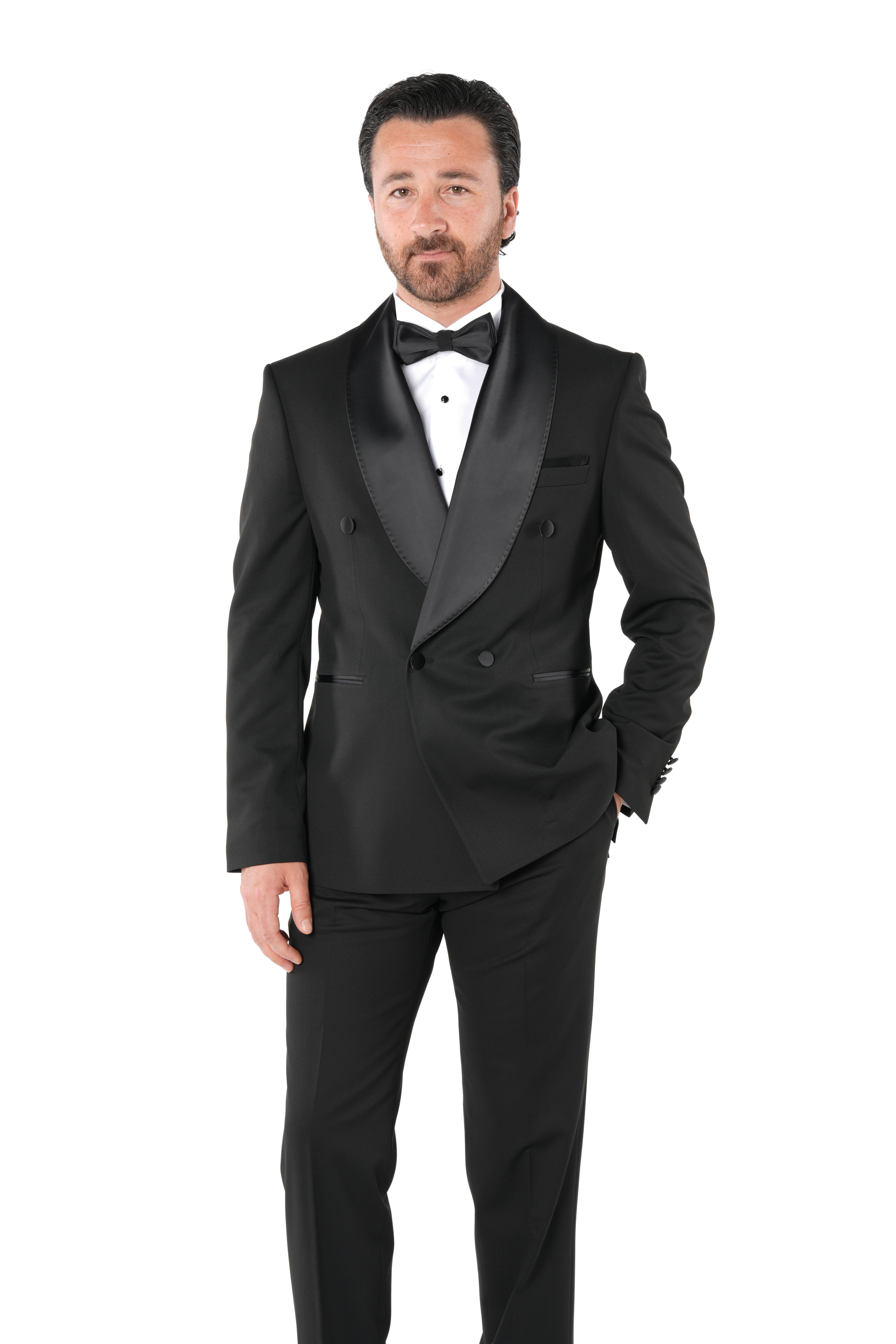 Erkek Kruvaze Smokin Damatlık Manşet Kollu Şall Yaka İtalyan Stil Slim Fit Ceket Pantolon Papyon-Siyah-Siyah