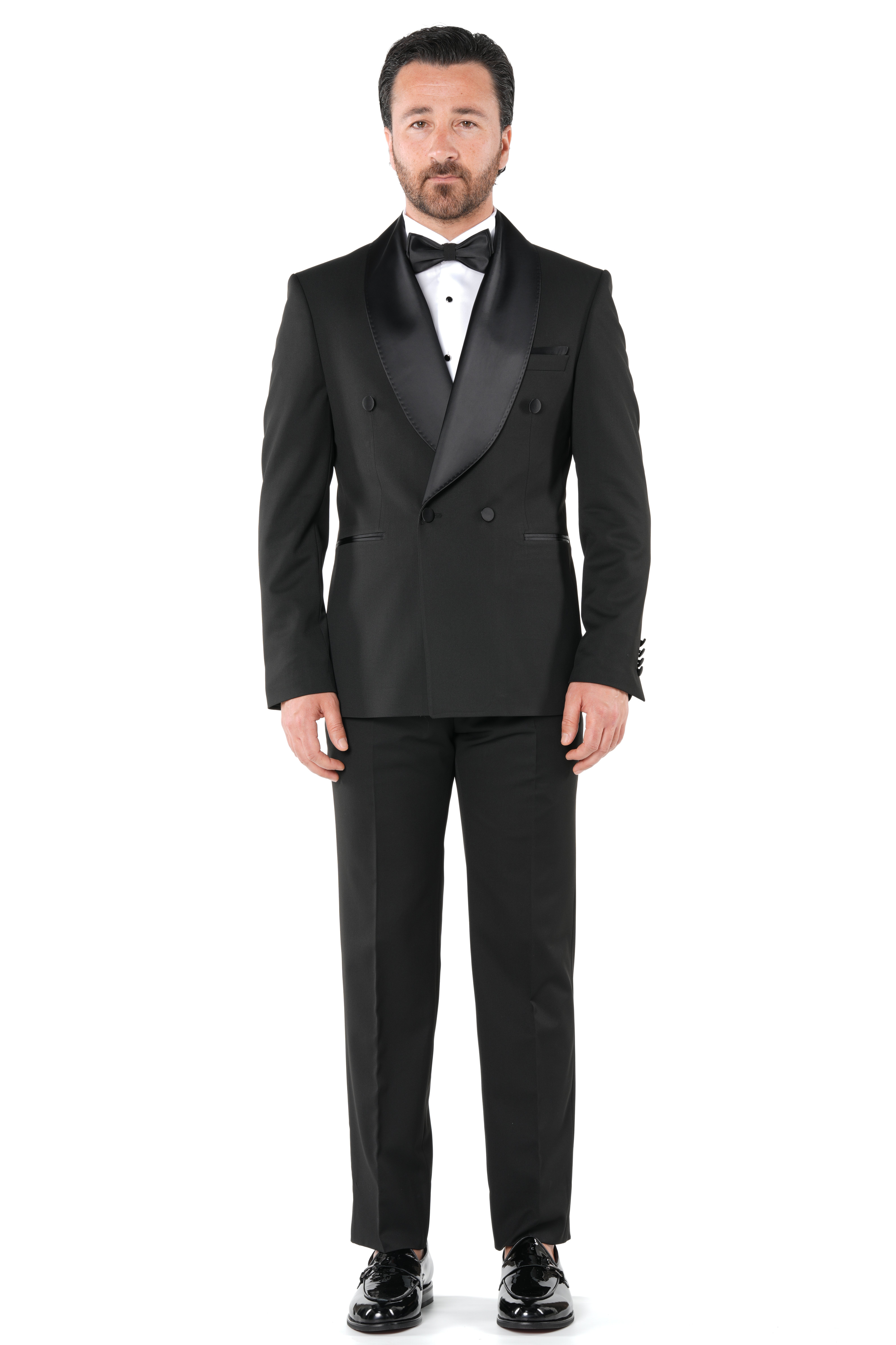 Erkek Kruvaze Smokin Damatlık Manşet Kollu Şall Yaka İtalyan Stil Slim Fit Ceket Pantolon Papyon-Siyah-Siyah