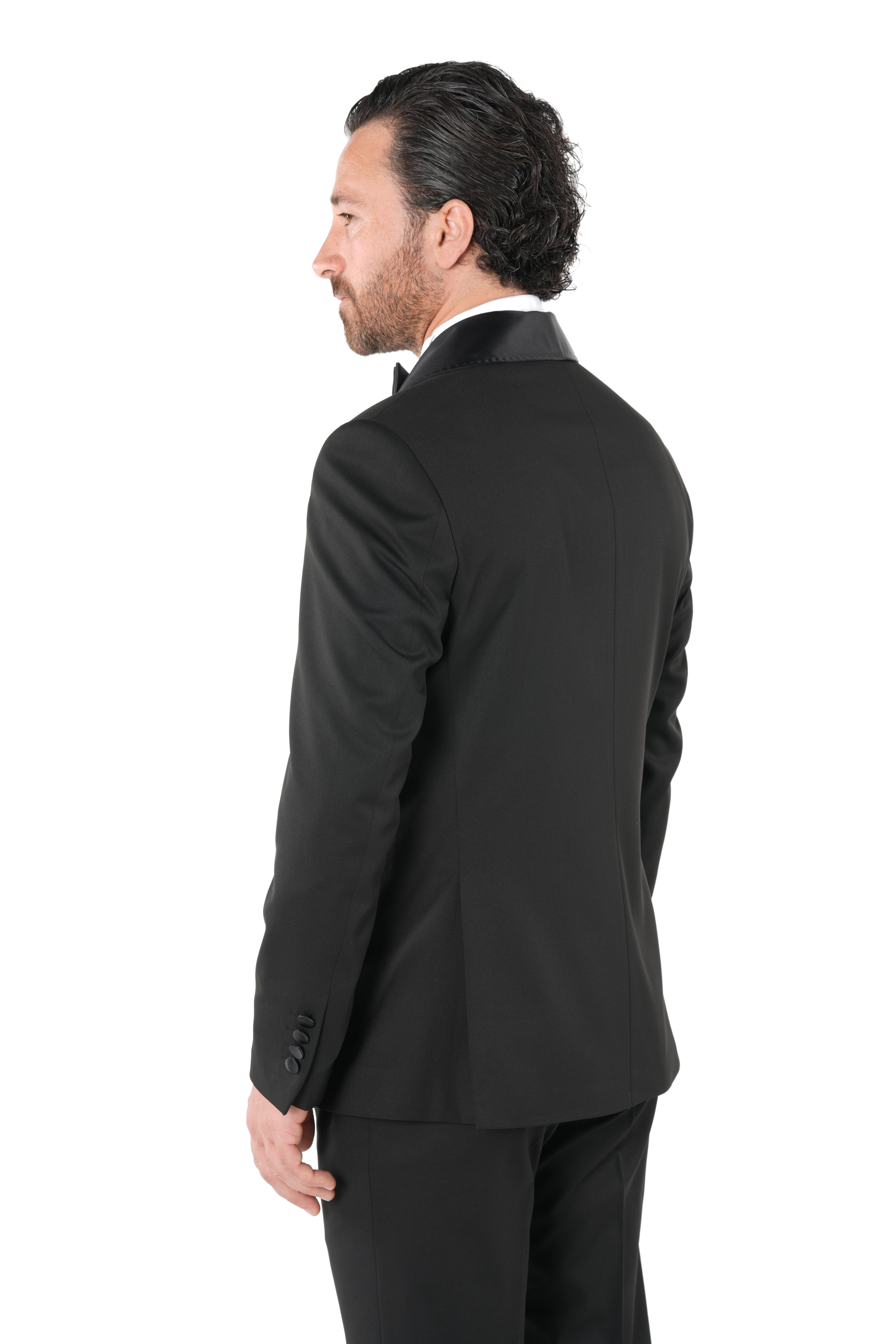Erkek Kruvaze Smokin Damatlık Manşet Kollu Şall Yaka İtalyan Stil Slim Fit Ceket Pantolon Papyon-Siyah-Siyah