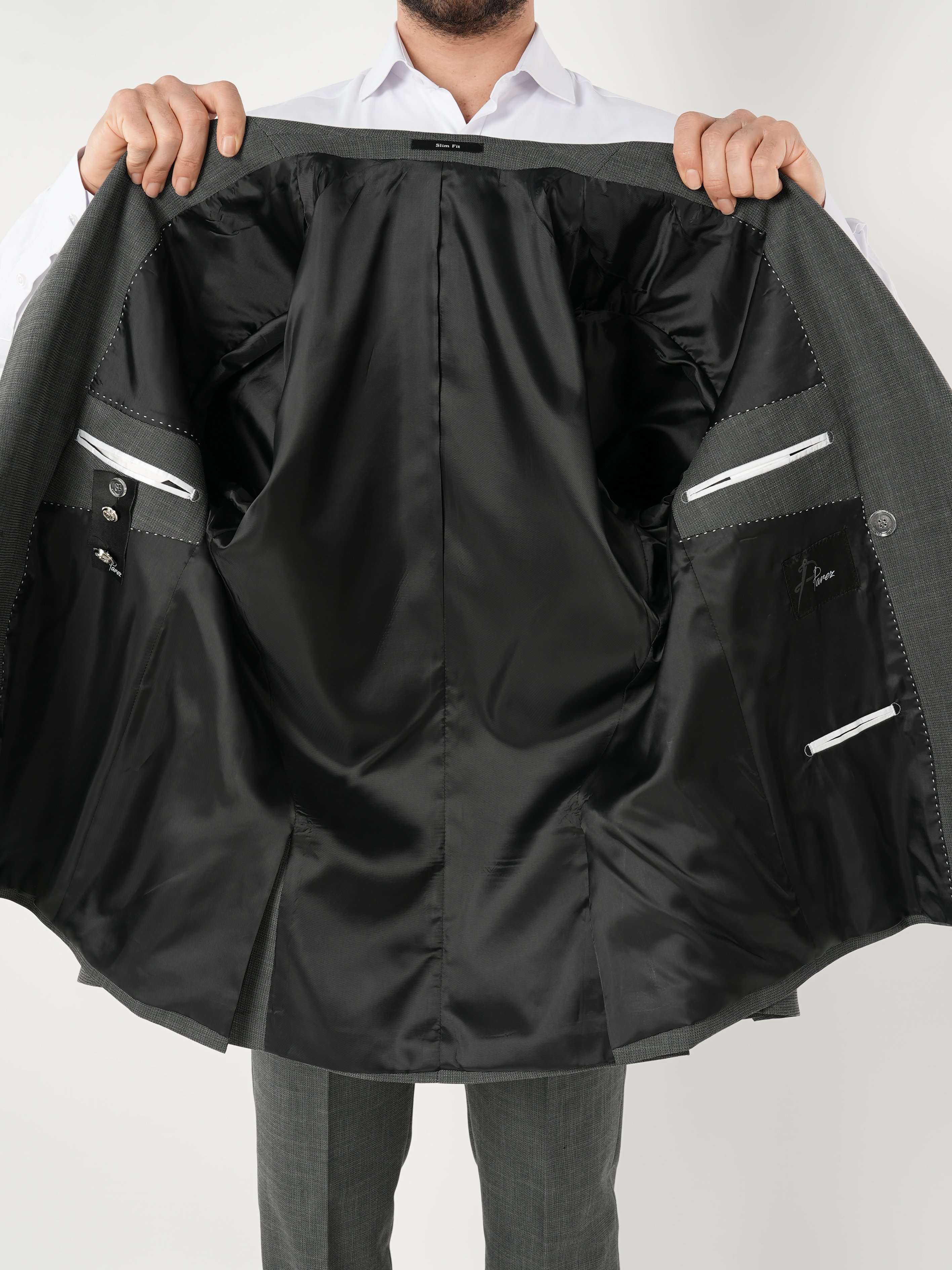 Erkek Kruvaze Takım Elbise Metal Düğme Tulum Cepli İtalyan Kesim Slim Fit Ceket Pantolon-Gri