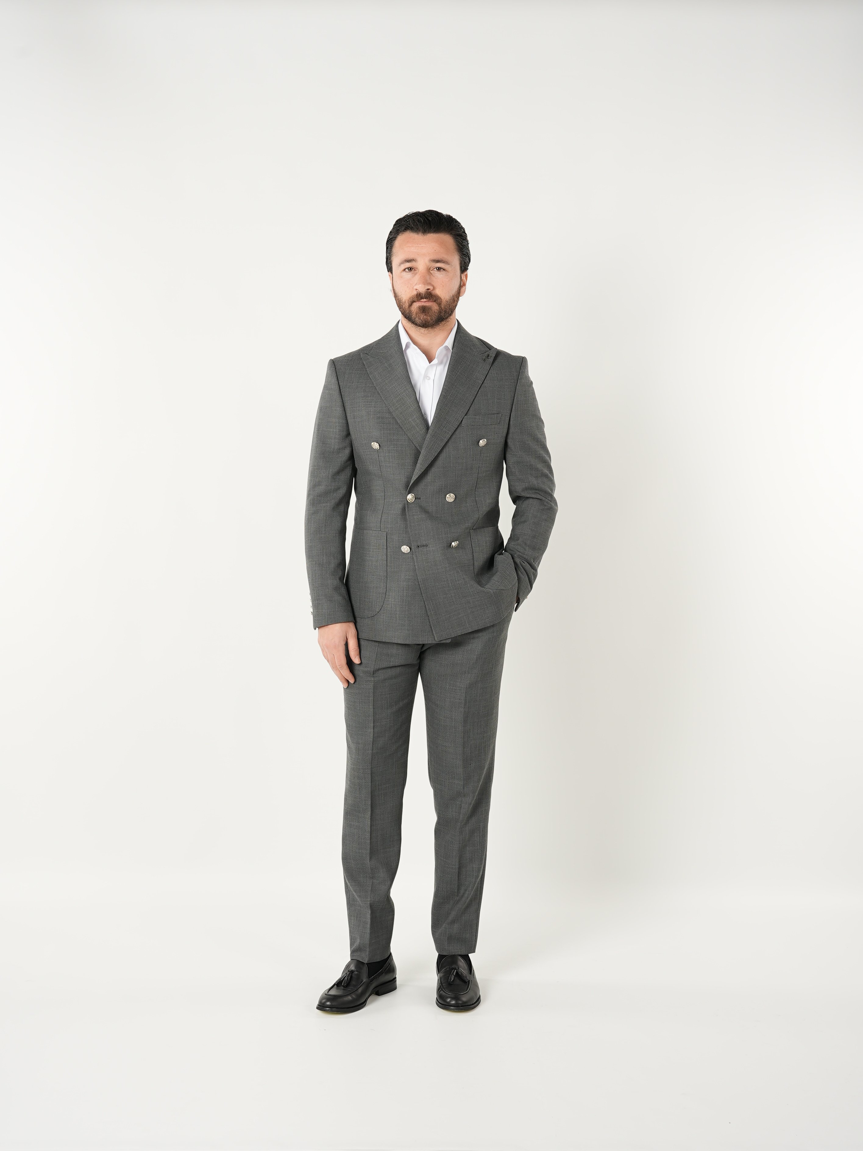 Erkek Kruvaze Takım Elbise Metal Düğme Tulum Cepli İtalyan Kesim Slim Fit Ceket Pantolon-Gri