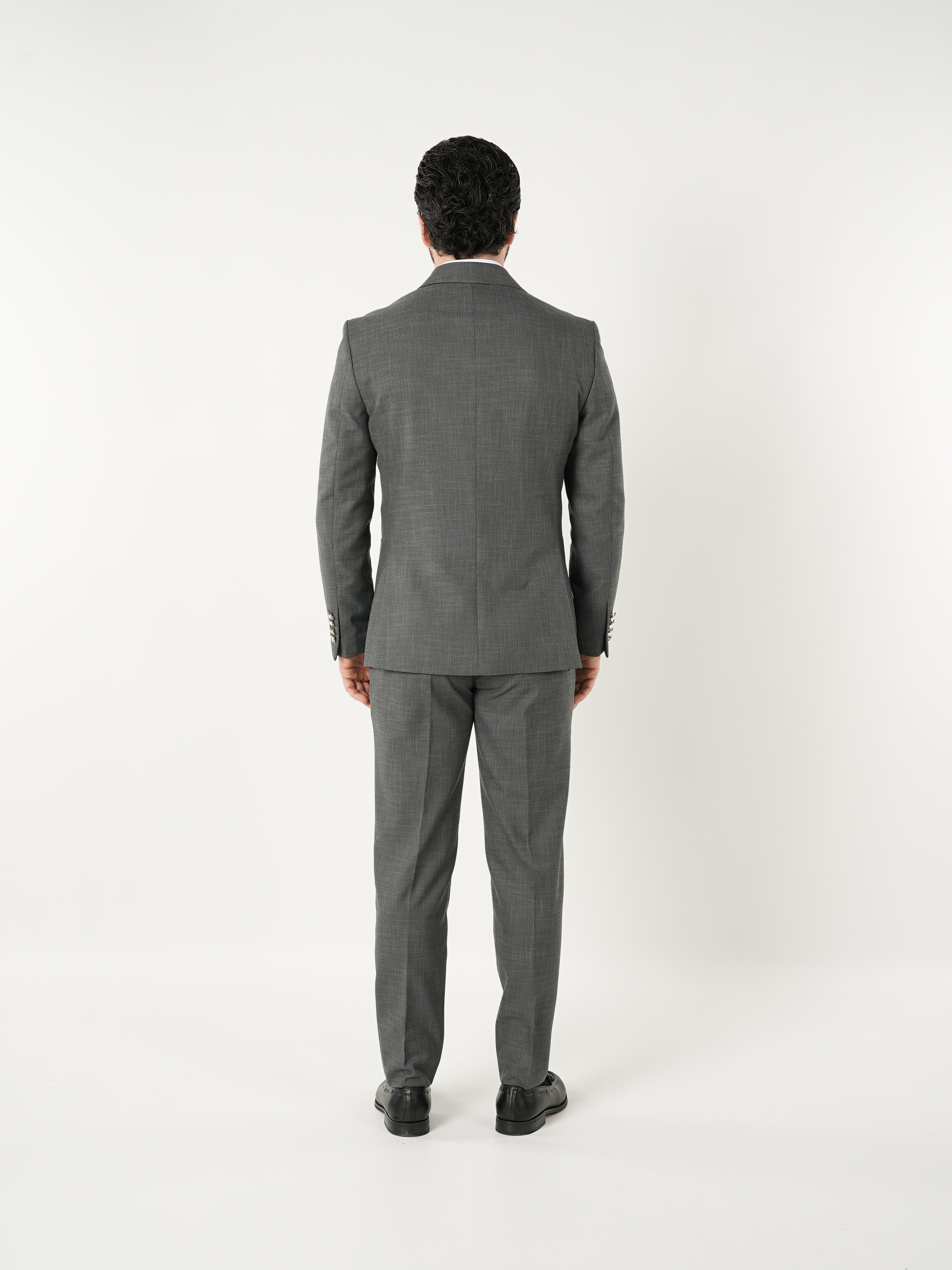 Erkek Kruvaze Takım Elbise Metal Düğme Tulum Cepli İtalyan Kesim Slim Fit Ceket Pantolon-Gri
