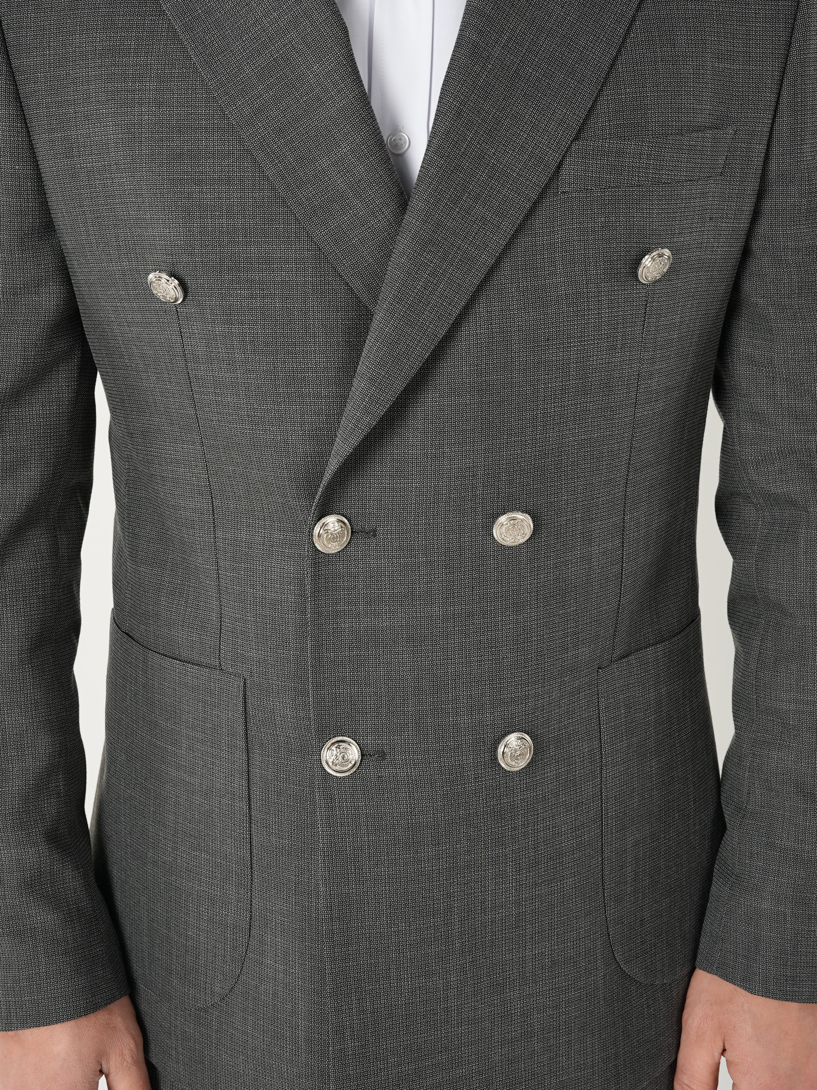 Erkek Kruvaze Takım Elbise Metal Düğme Tulum Cepli İtalyan Kesim Slim Fit Ceket Pantolon-Gri