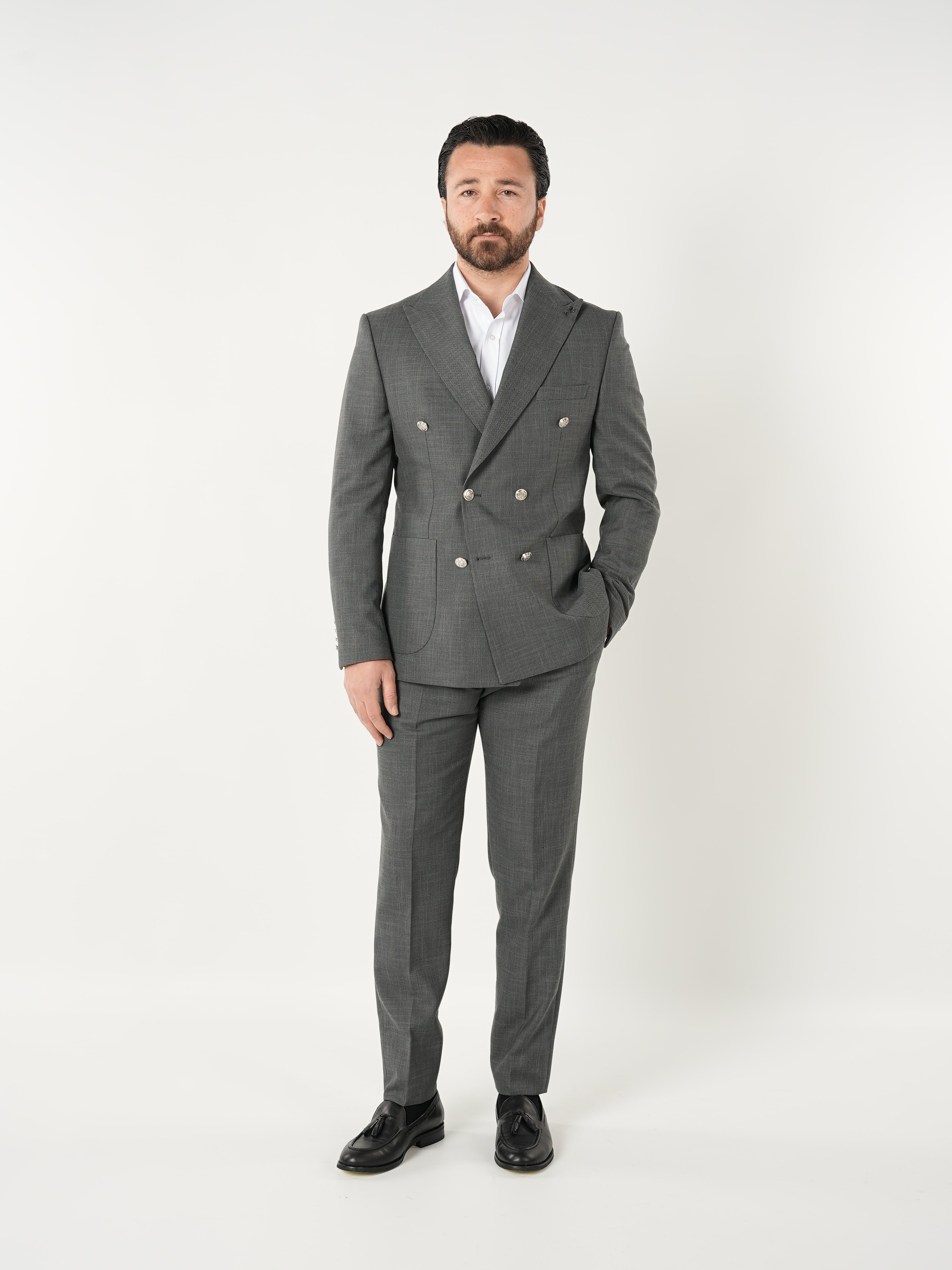 Erkek Kruvaze Takım Elbise Metal Düğme Tulum Cepli İtalyan Kesim Slim Fit Ceket Pantolon-Gri