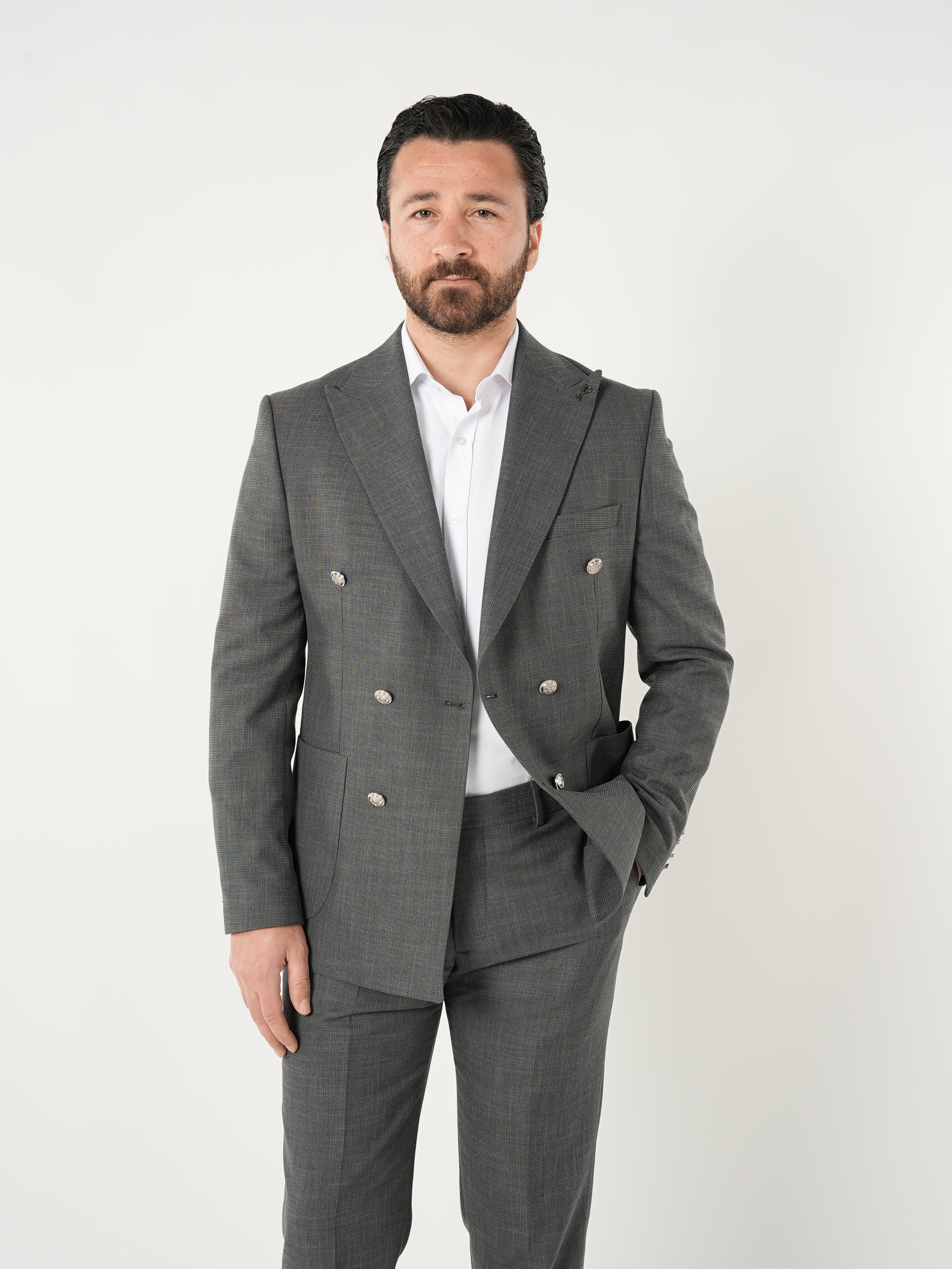 Erkek Kruvaze Takım Elbise Metal Düğme Tulum Cepli İtalyan Kesim Slim Fit Ceket Pantolon-Gri