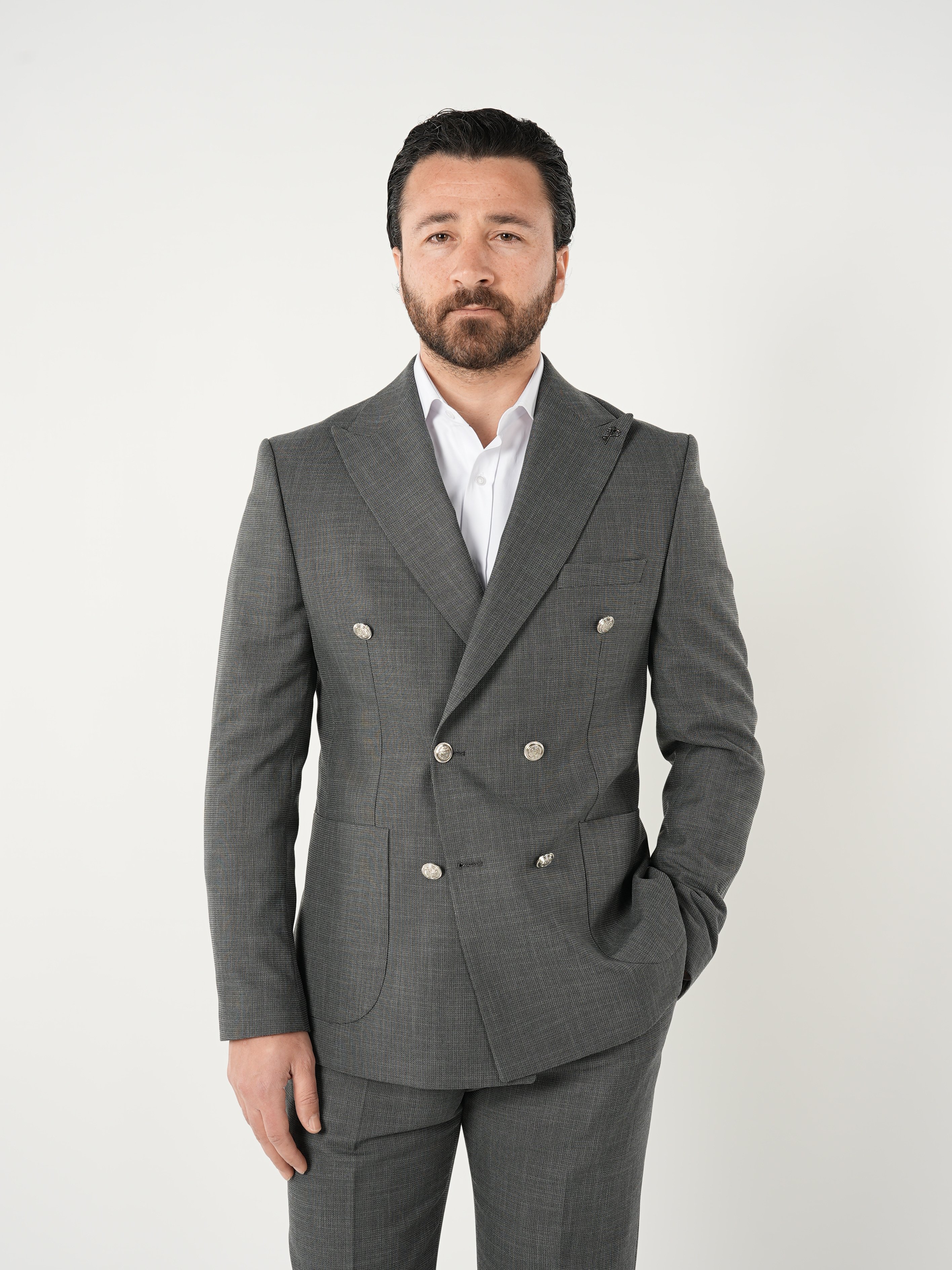 Erkek Kruvaze Takım Elbise Metal Düğme Tulum Cepli İtalyan Kesim Slim Fit Ceket Pantolon-Gri