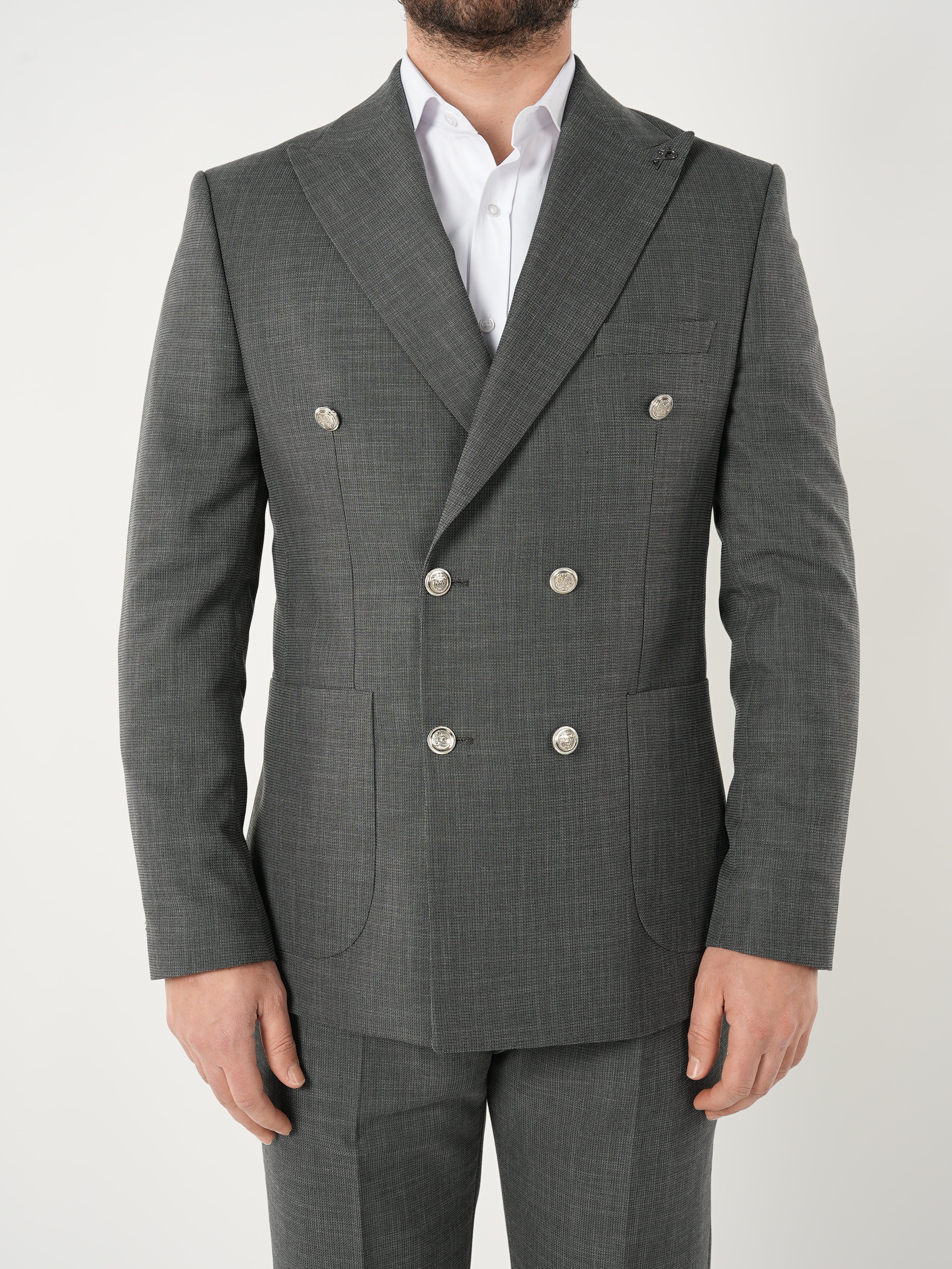 Erkek Kruvaze Takım Elbise Metal Düğme Tulum Cepli İtalyan Kesim Slim Fit Ceket Pantolon-Gri