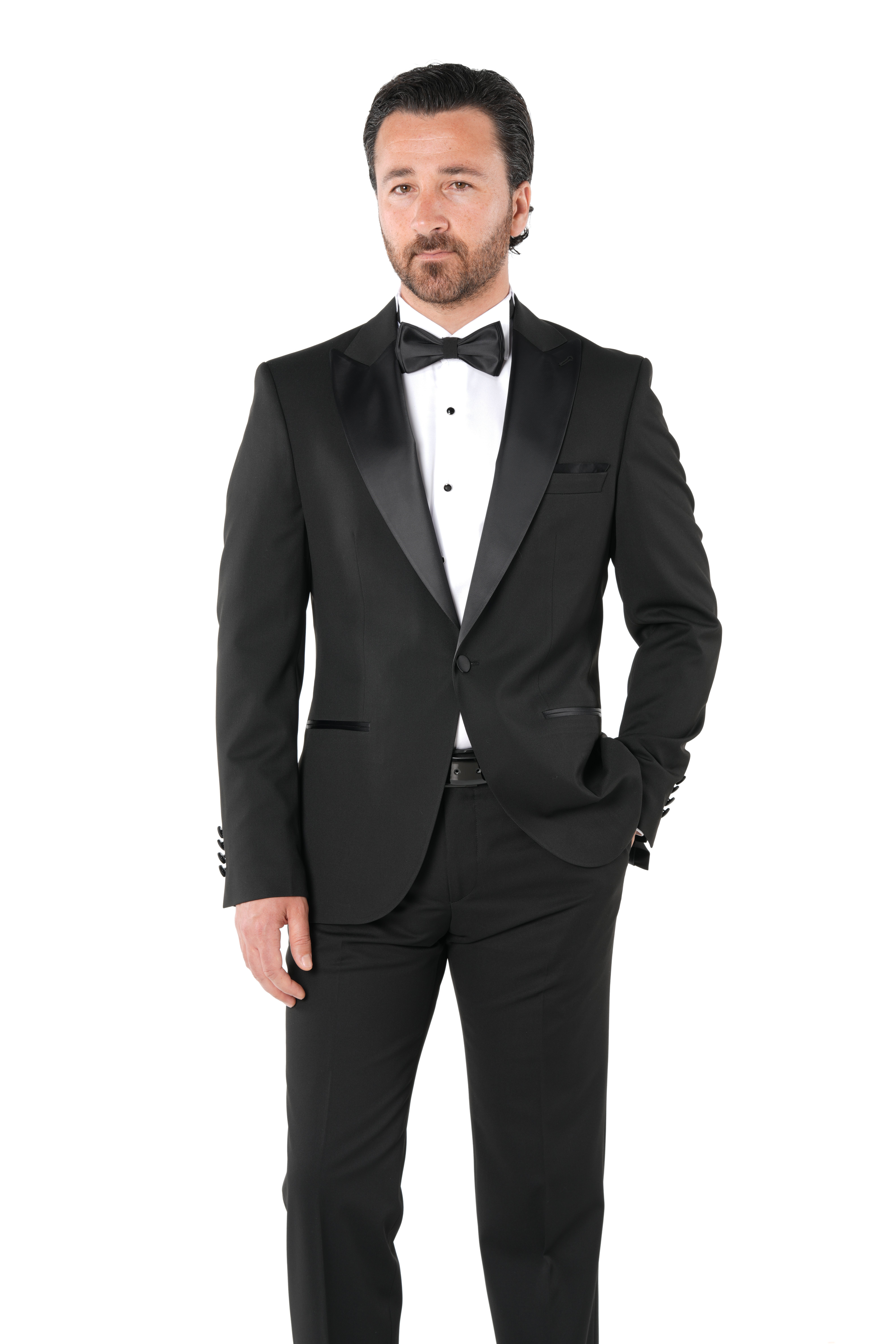 Erkek Luxury Smokin Damatlık Tek Düğme İtalyan İtalyan Stil Ceket Pantolon Papyon-Siyah-Siyah