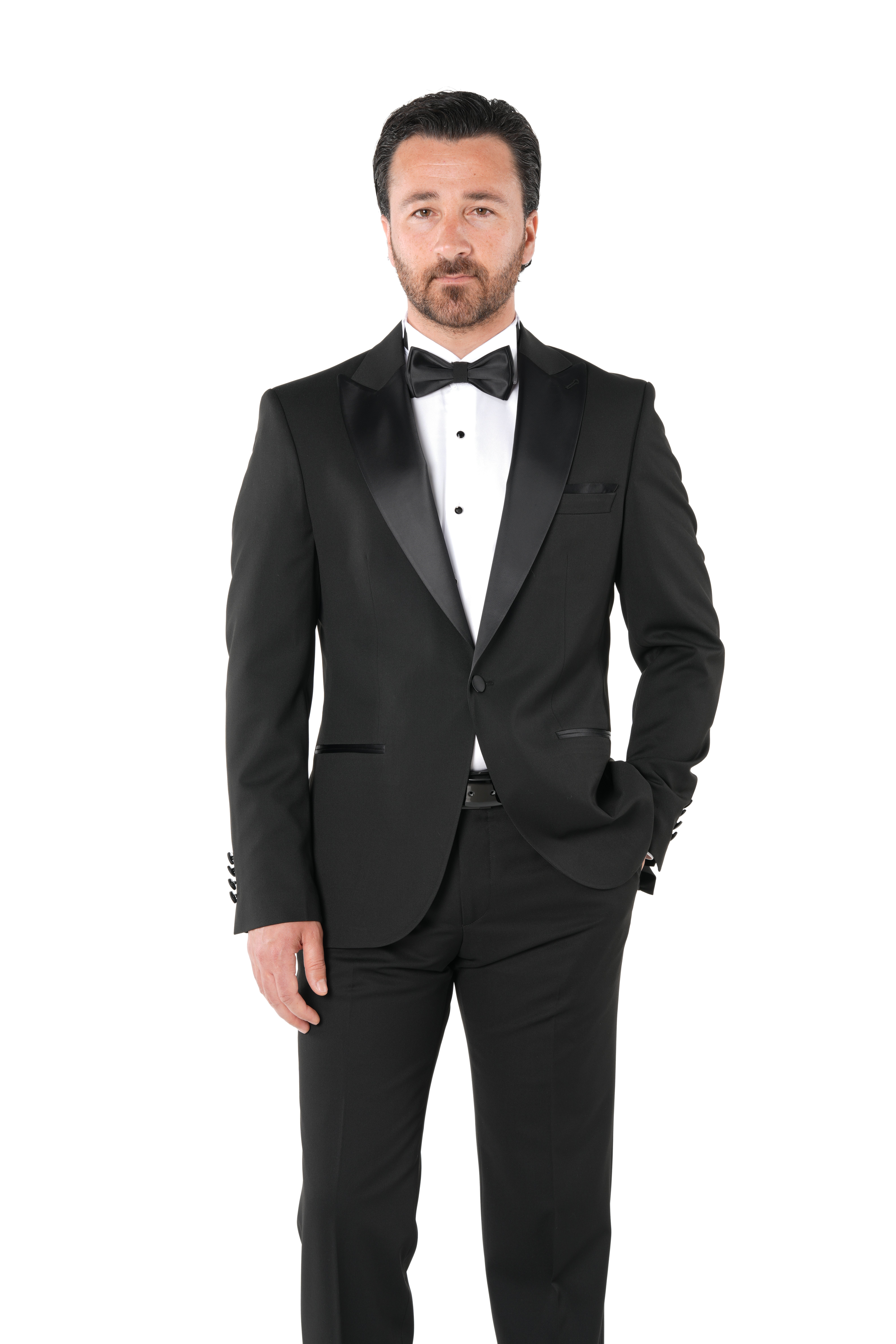 Erkek Luxury Smokin Damatlık Tek Düğme İtalyan İtalyan Stil Ceket Pantolon Papyon-Siyah-Siyah