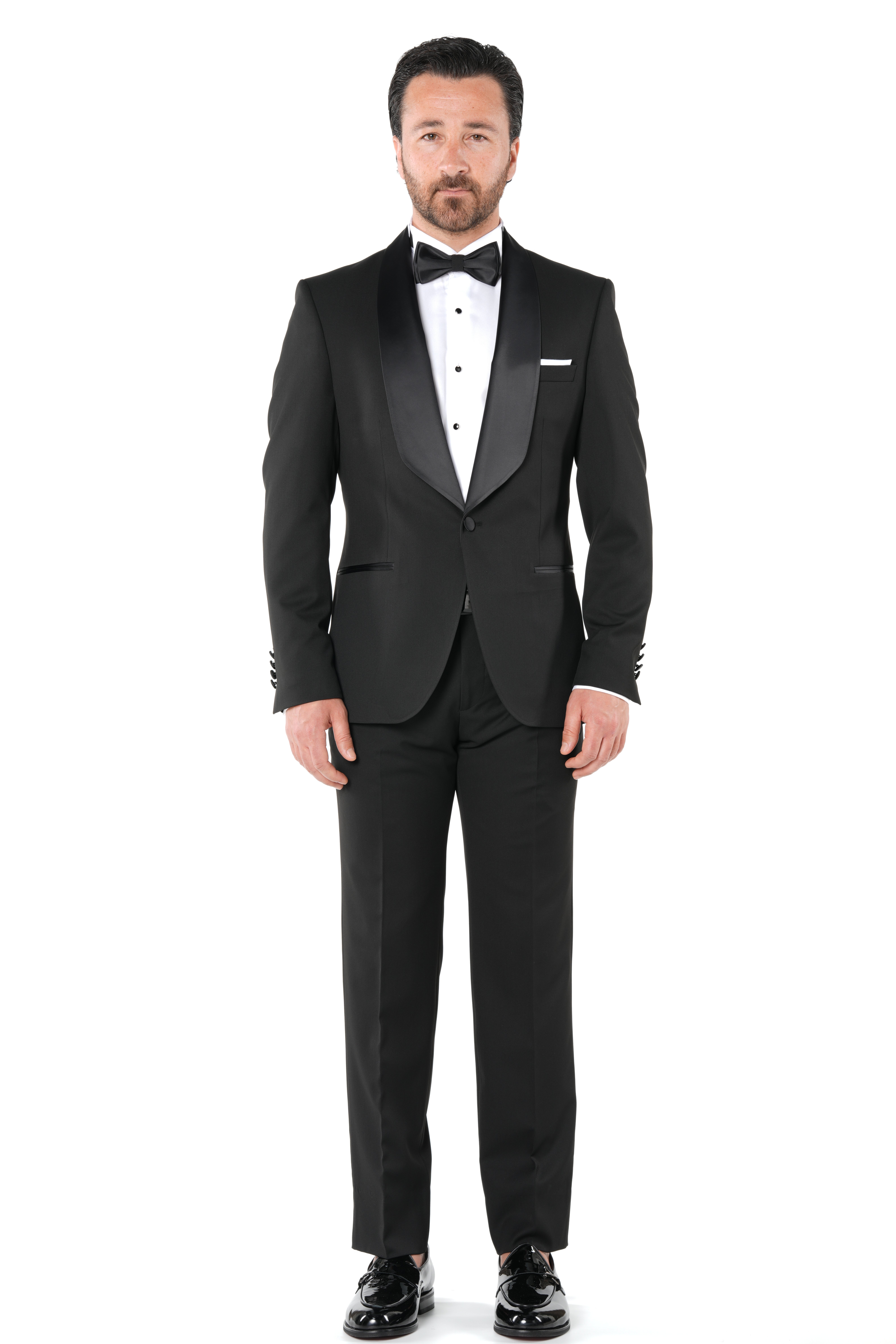Erkek Luxury Smokin Damatlık Tek Düğme İtalyan İtalyan Stil Ceket Pantolon Papyon-Siyah - Siyah