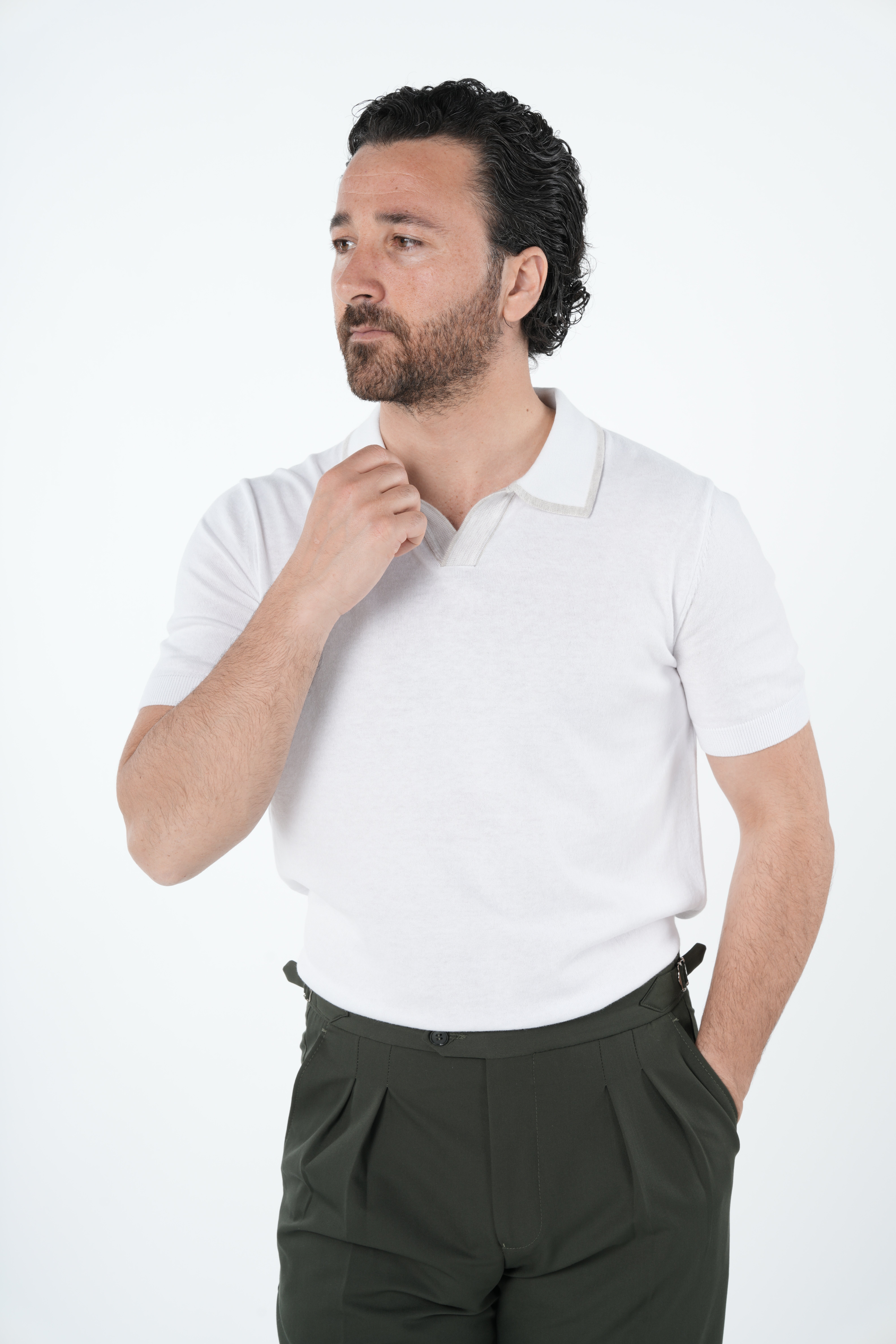 Erkek Polo Yaka İpek Triko Tişört - Krem