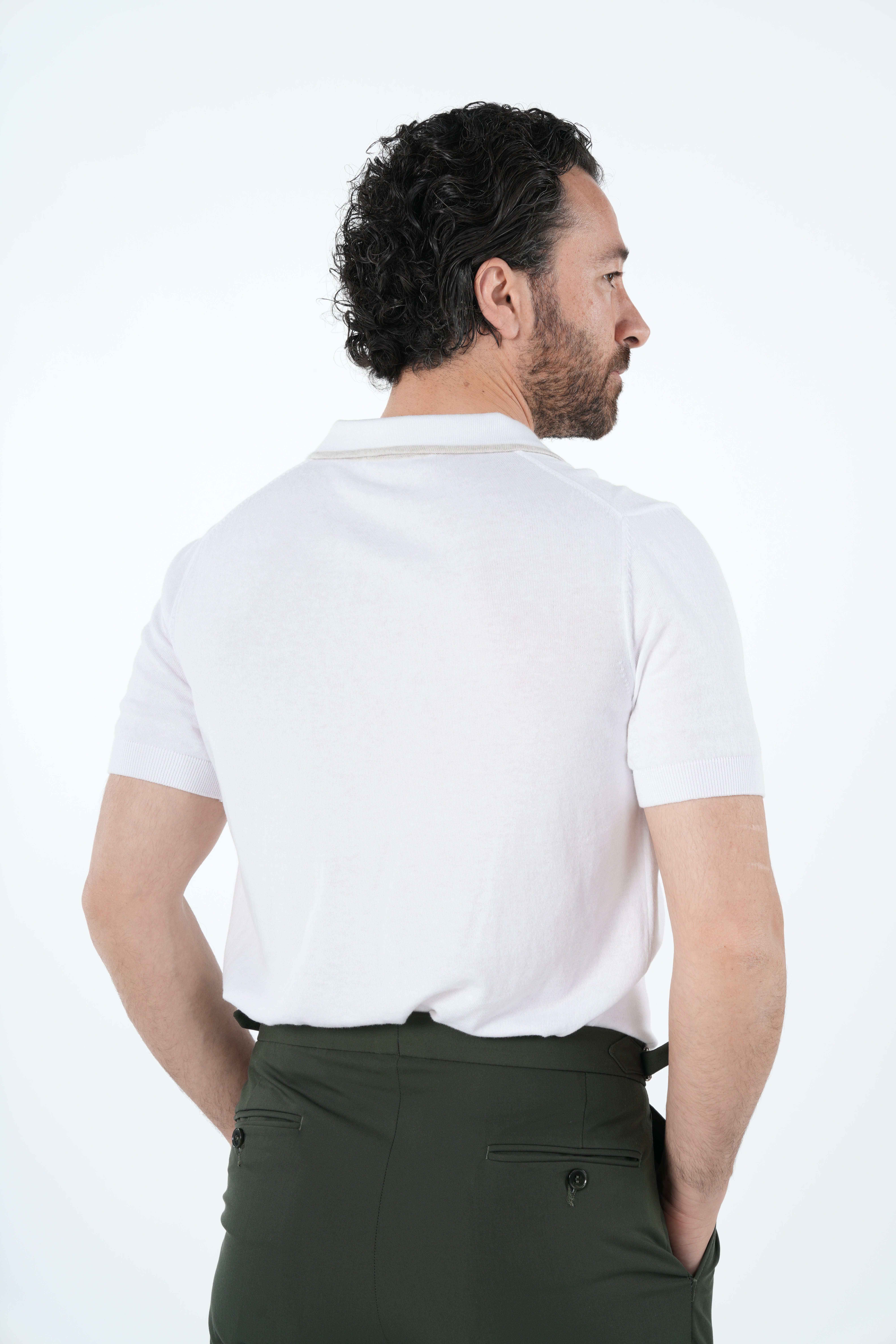 Erkek Polo Yaka İpek Triko Tişört - Krem
