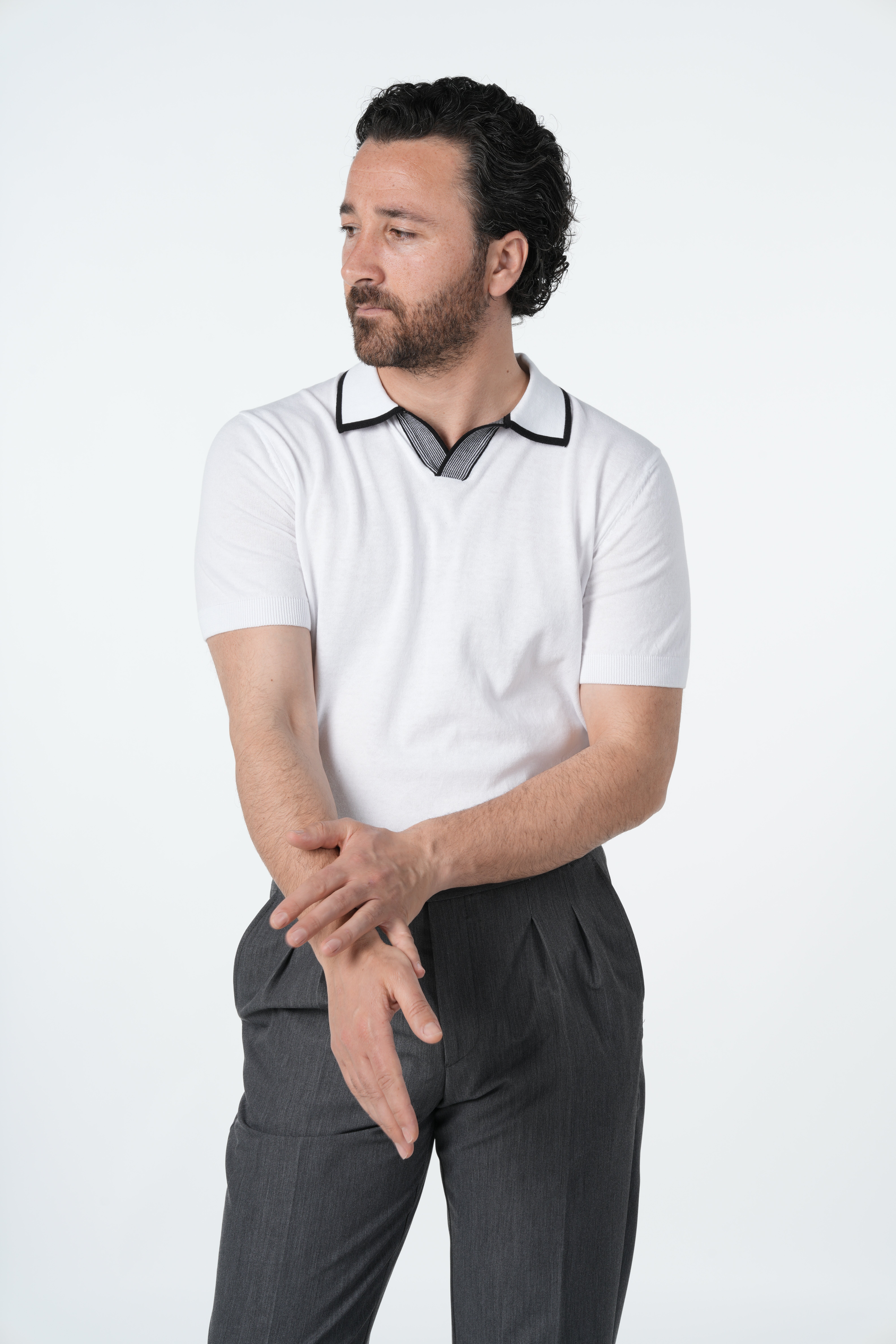 Erkek Polo Yaka İpek Triko Tişört-Siyah