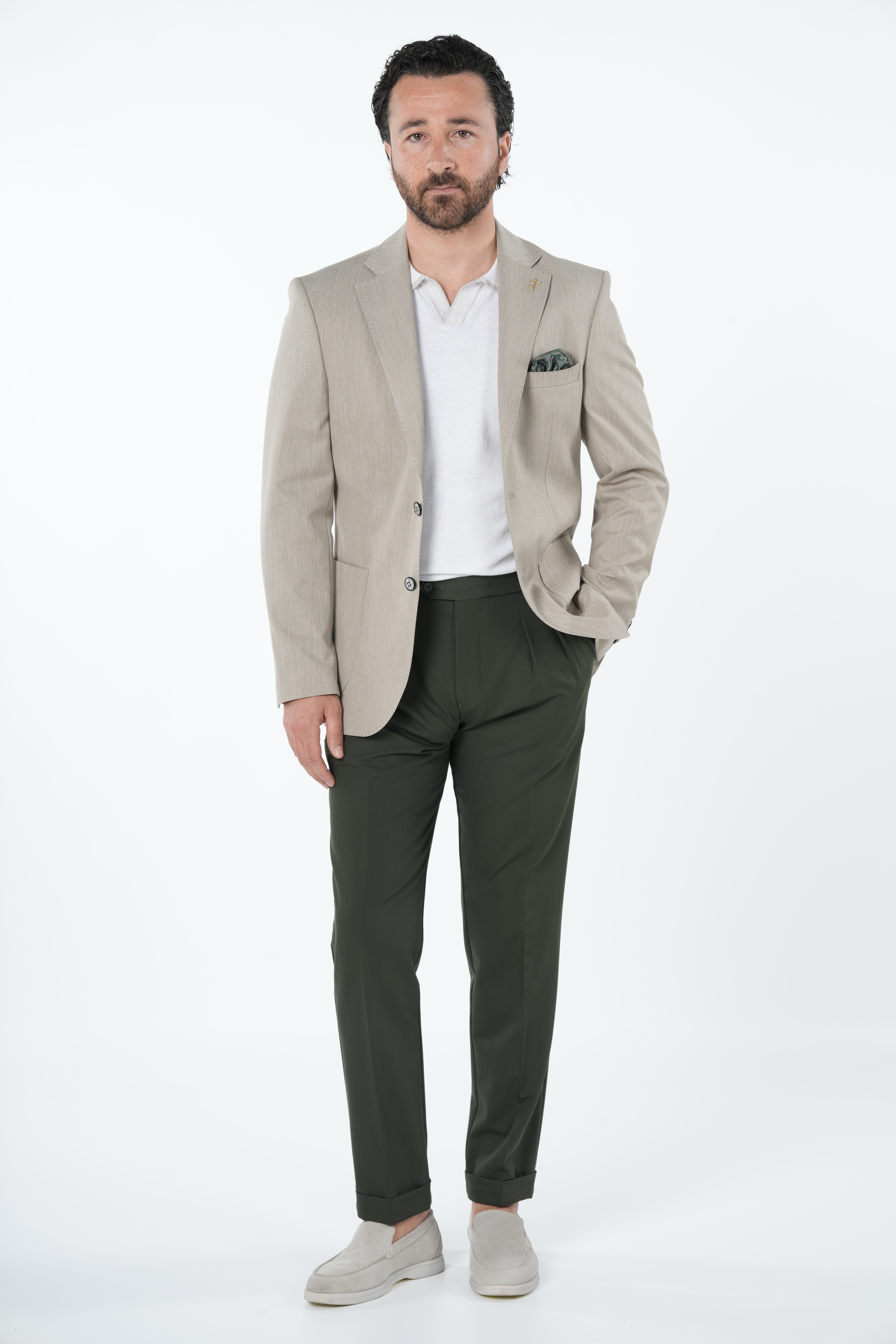 Erkek Premium İtalyan Stil Slim Fit Erkek Punto Dikişli Torba Cepli Yarım Astarlı Ceket-Krem