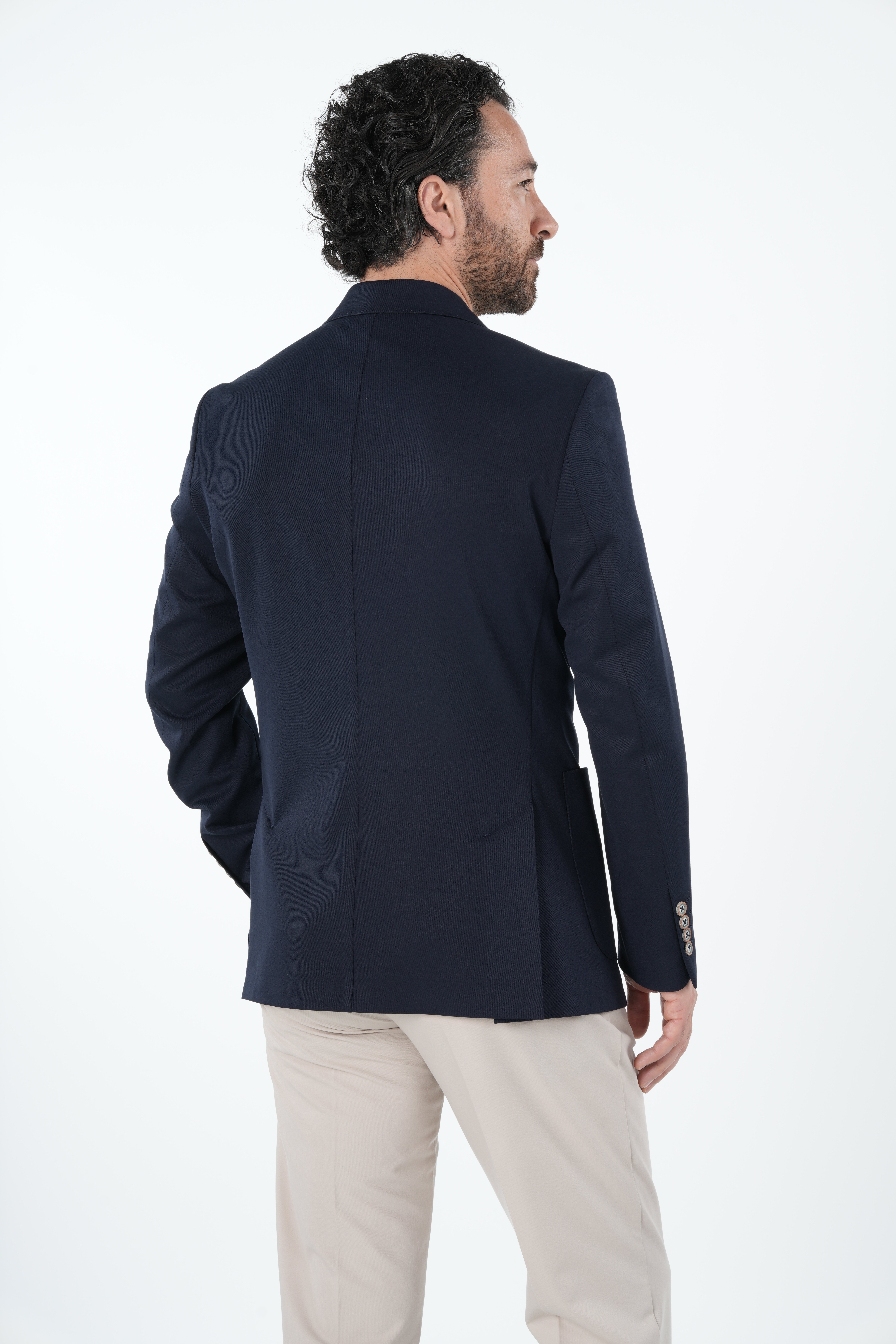 Erkek Premium İtalyan Stil Slim Fit Erkek Punto Dikişli Torba Cepli Yarım Astarlı Kruvaze Ceket-Lacivert