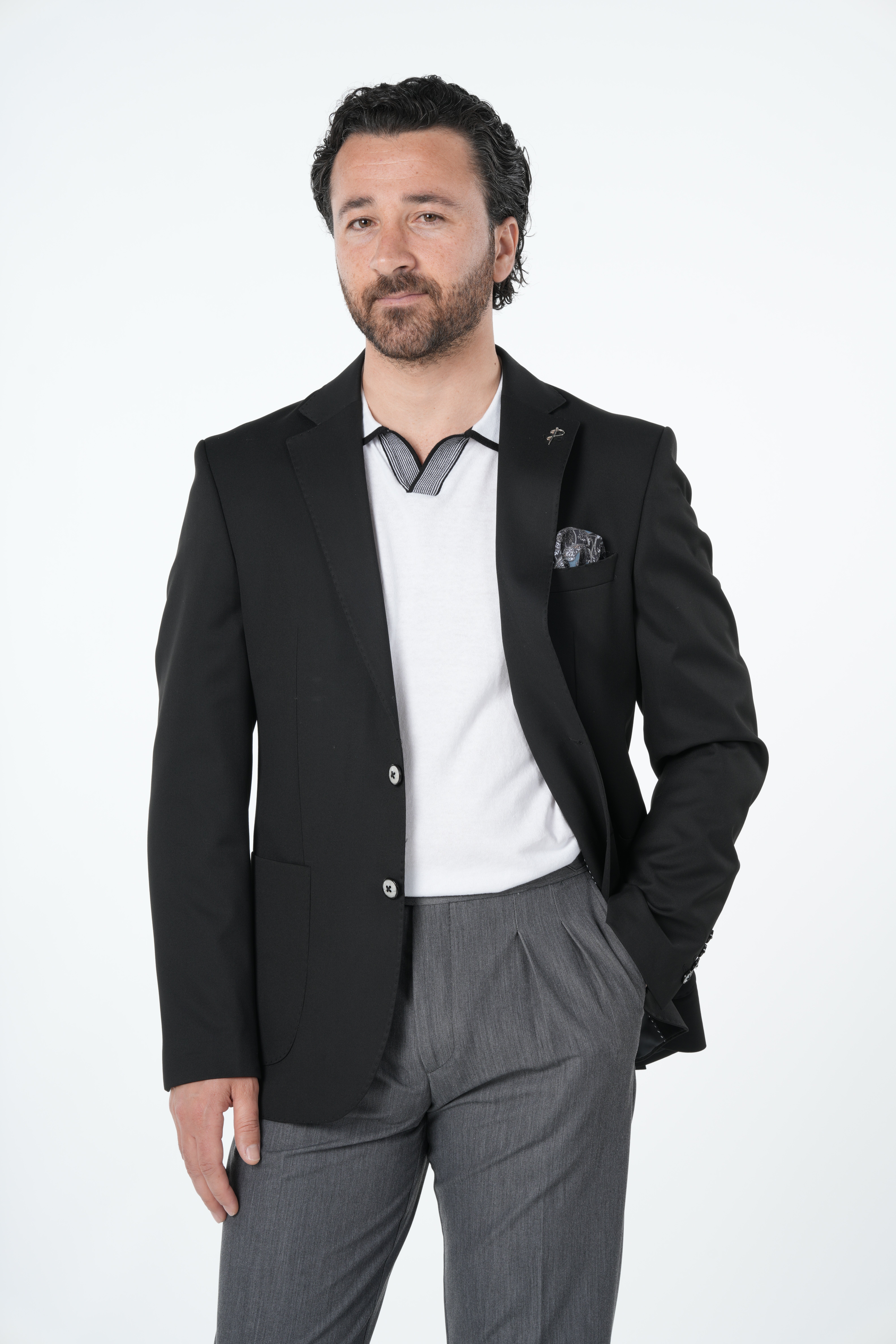 Erkek Premium İtalyan Stil Slim Fit Erkek Punto Dikişli Torba Cepli Yarım Astarlı Ceket-Siyah