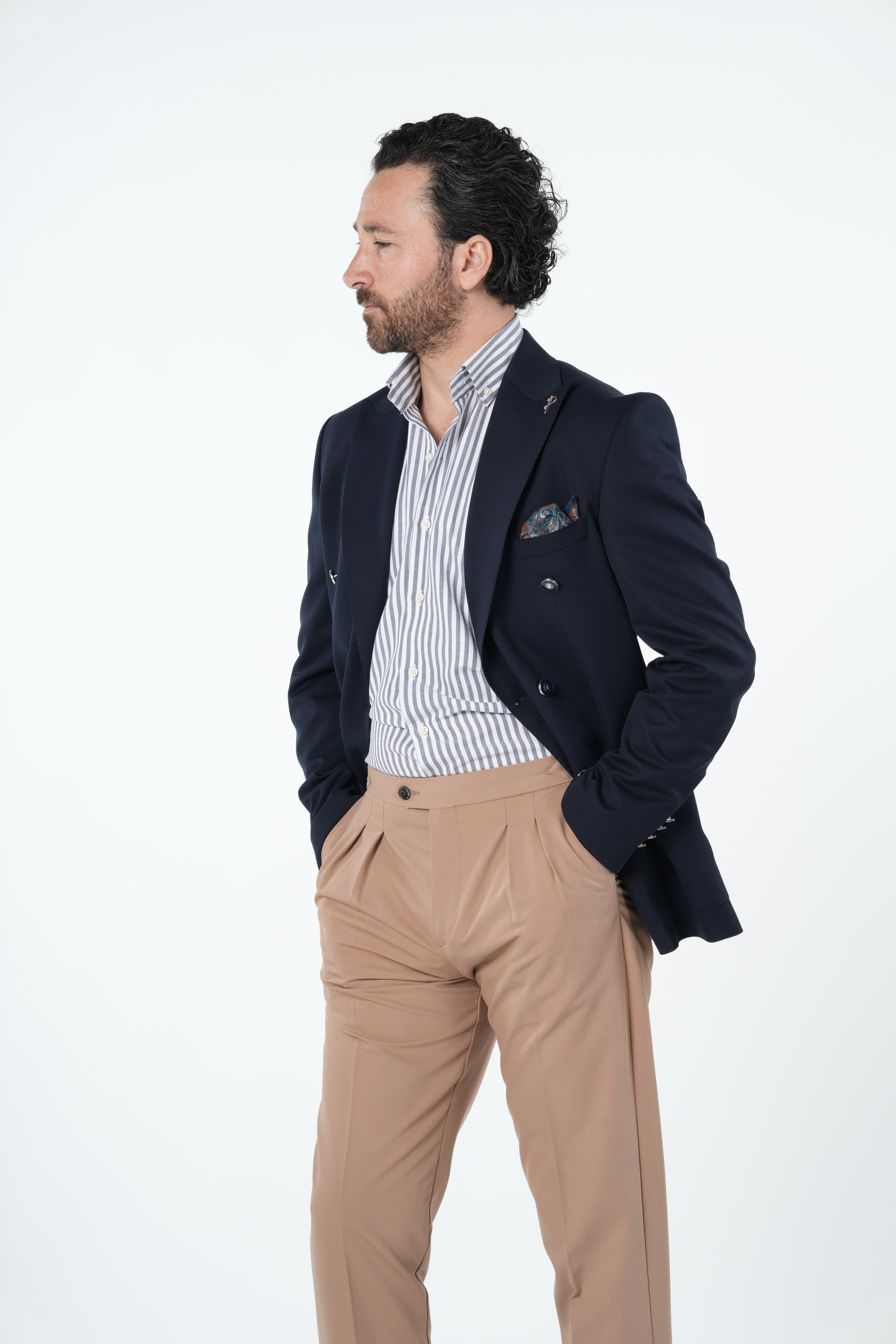 Erkek Premium İtalyan Stil Slim Fit Erkek Punto Dikişli Torba Cepli Yarım Astarlı Kruvaze Ceket-Lacivert