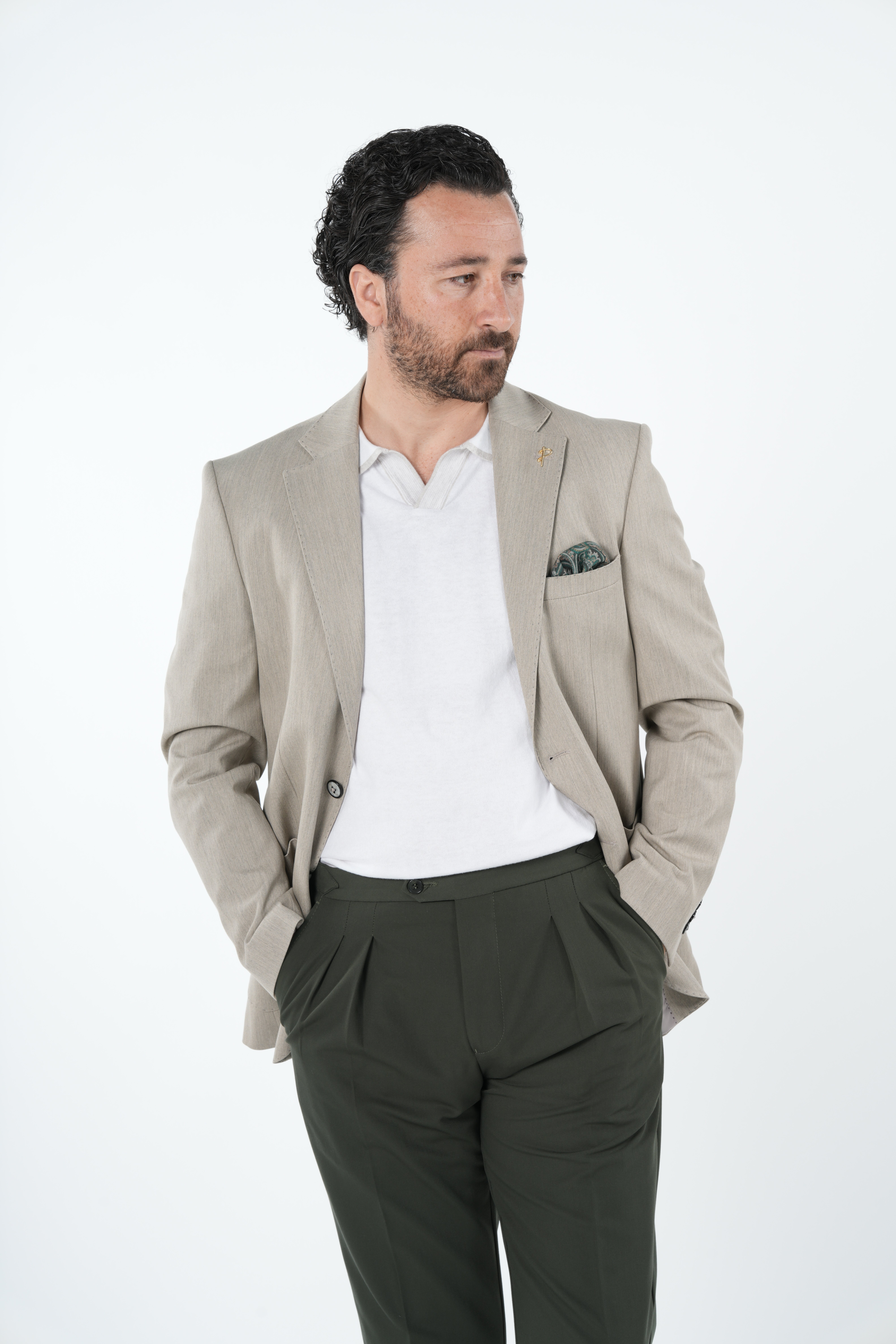 Erkek Premium İtalyan Stil Slim Fit Erkek Punto Dikişli Torba Cepli Yarım Astarlı Ceket-Krem