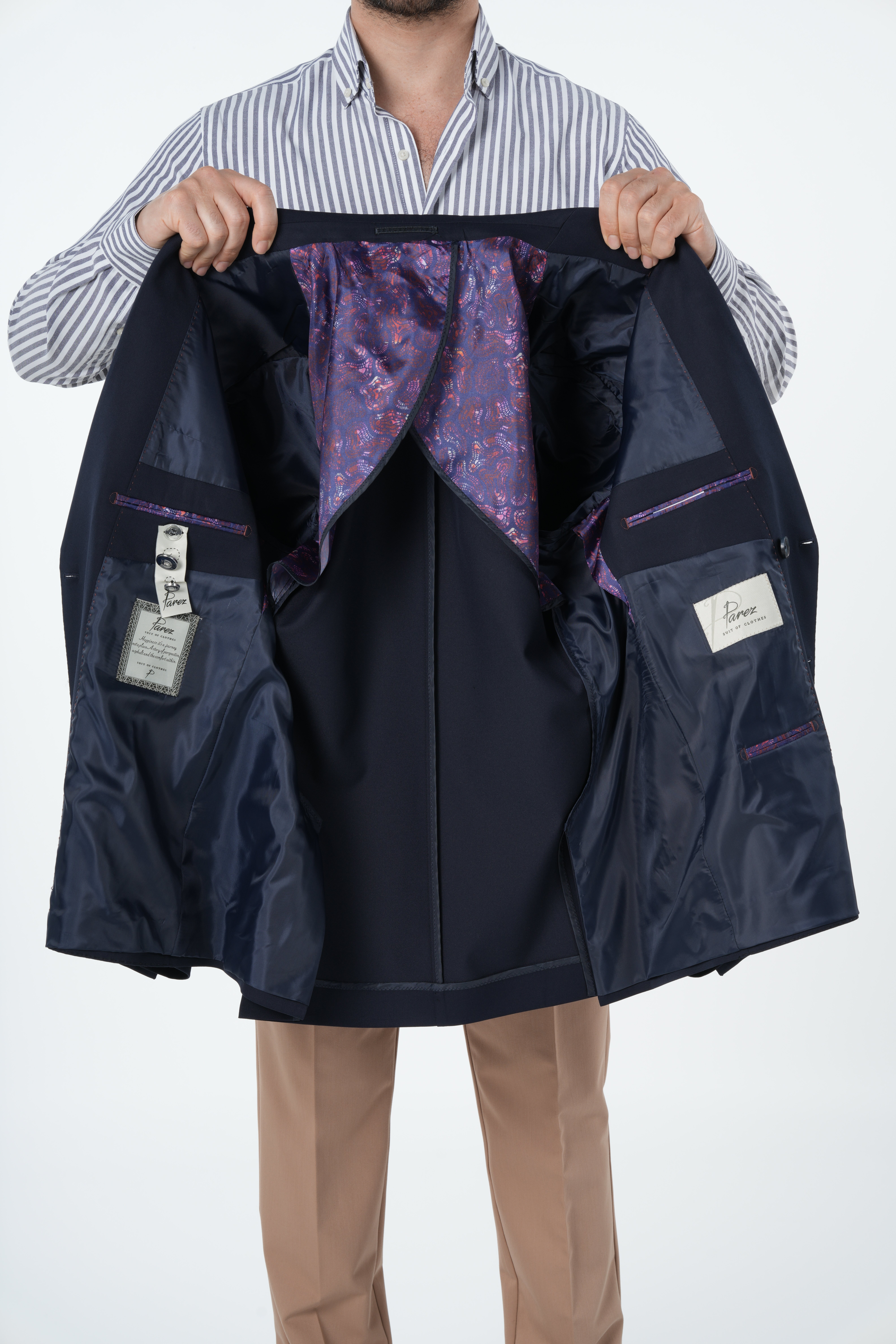 Erkek Premium İtalyan Stil Slim Fit Erkek Punto Dikişli Torba Cepli Yarım Astarlı Kruvaze Ceket-Lacivert
