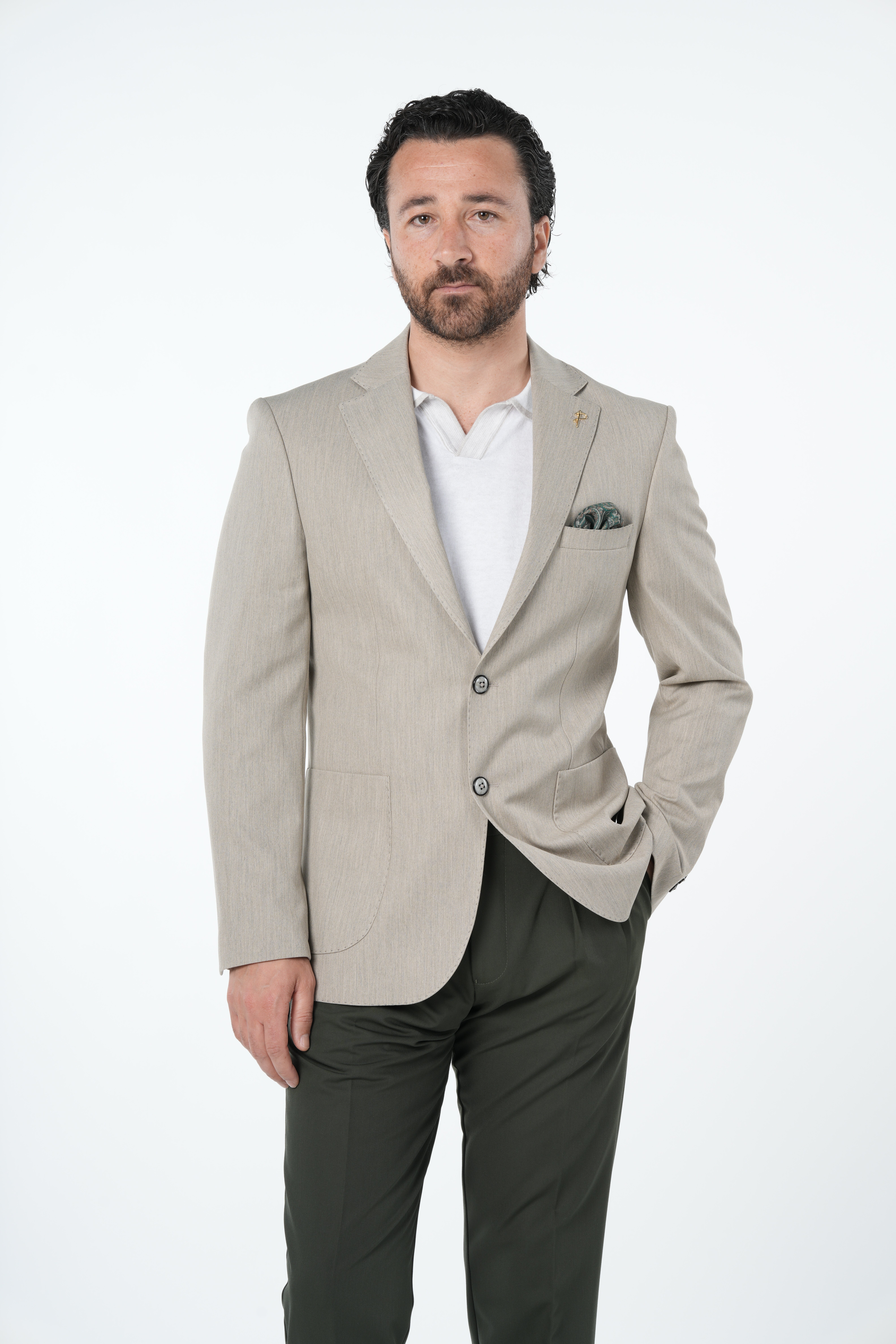 Erkek Premium İtalyan Stil Slim Fit Erkek Punto Dikişli Torba Cepli Yarım Astarlı Ceket-Krem