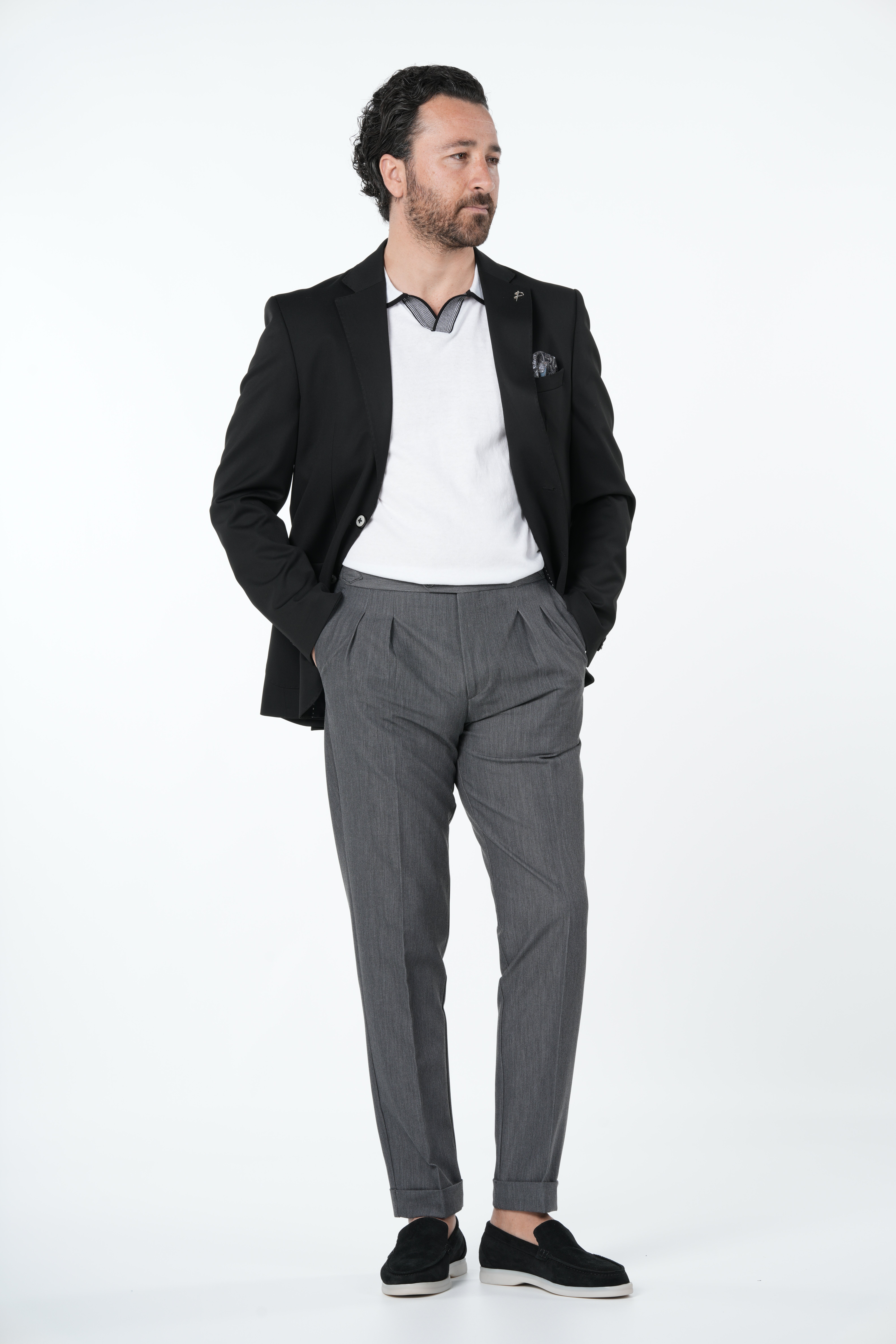 Erkek Premium İtalyan Stil Slim Fit Erkek Punto Dikişli Torba Cepli Yarım Astarlı Ceket-Siyah