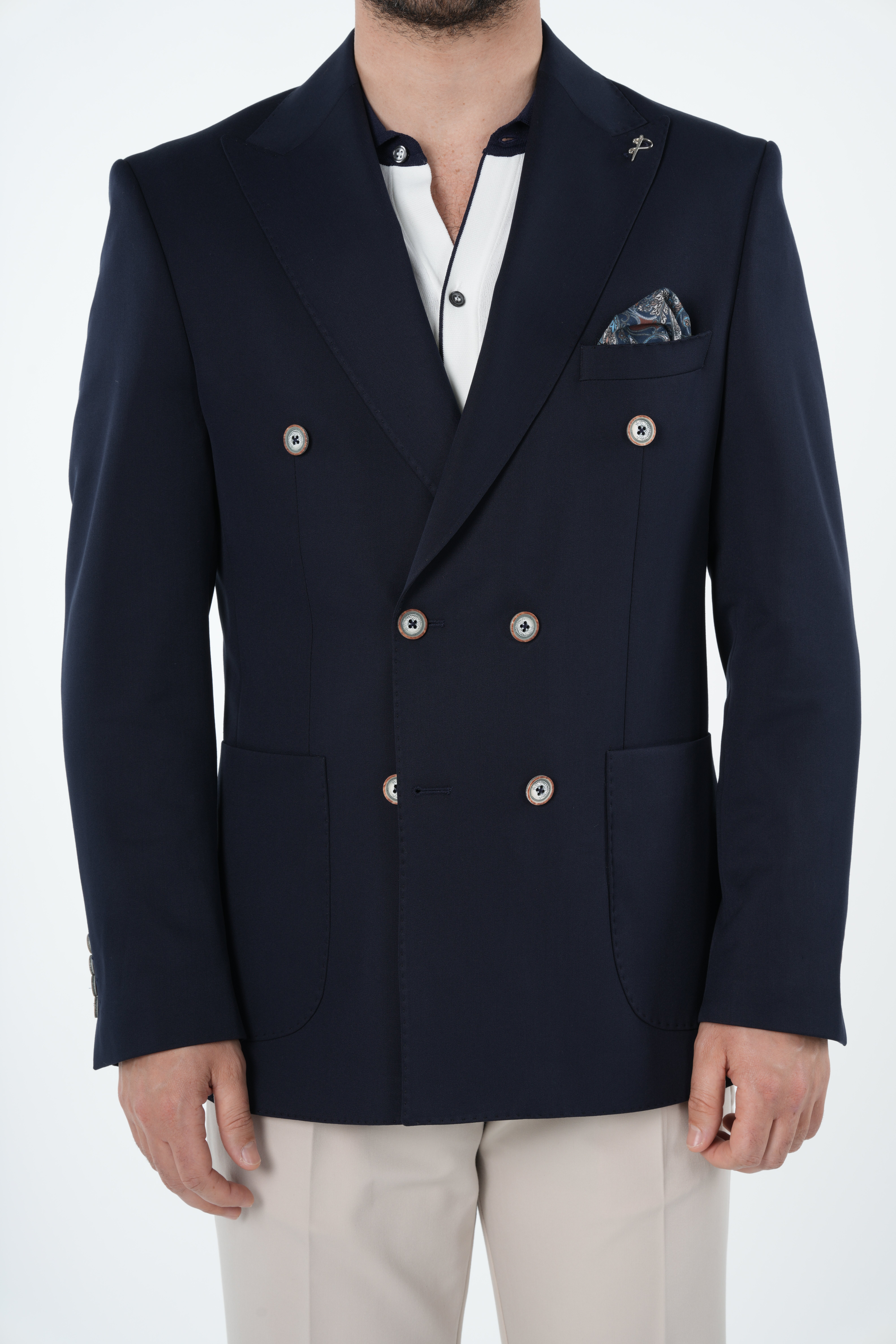 Erkek Premium İtalyan Stil Slim Fit Erkek Punto Dikişli Torba Cepli Yarım Astarlı Kruvaze Ceket-Lacivert