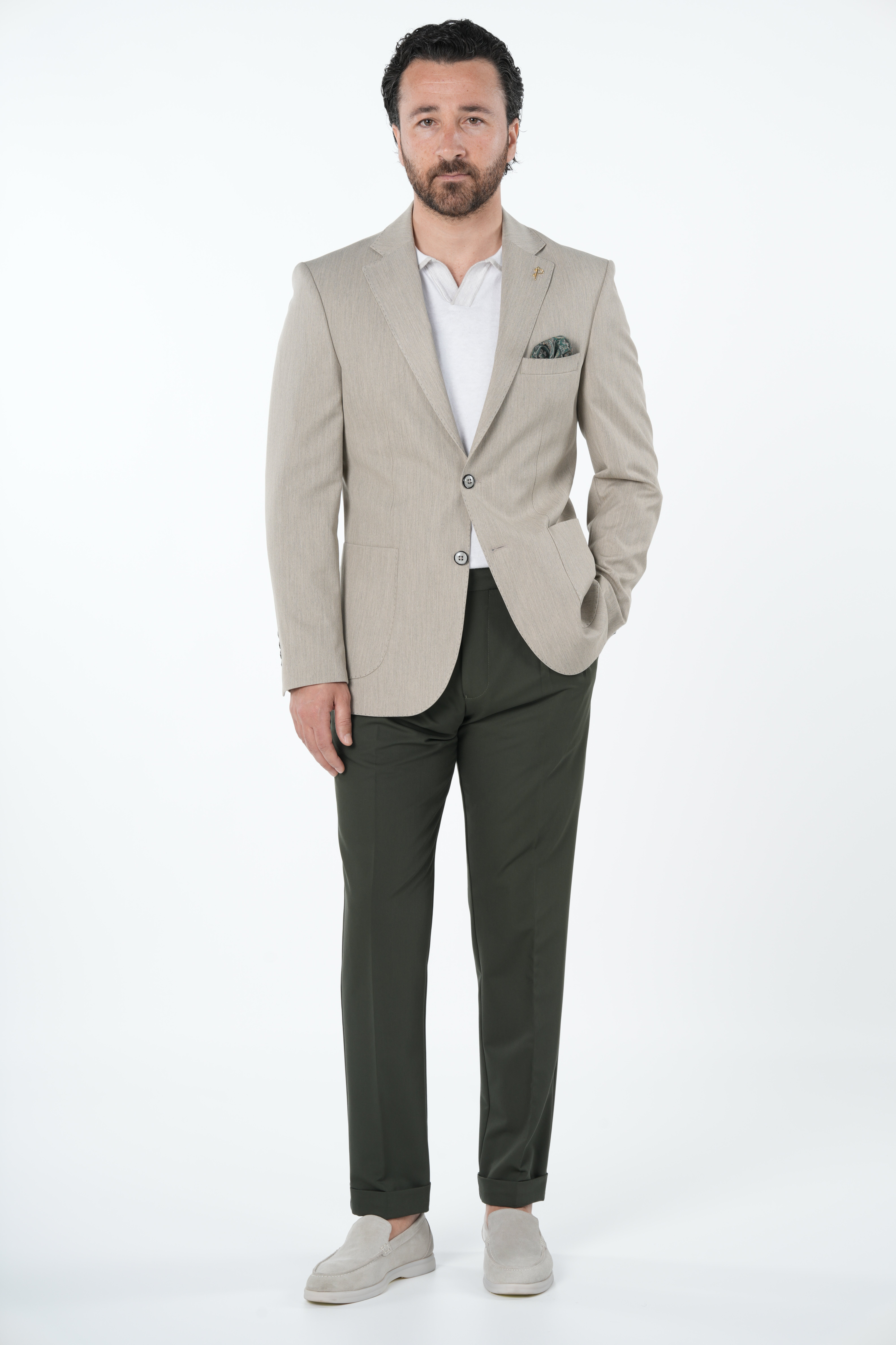 Erkek Premium İtalyan Stil Slim Fit Erkek Punto Dikişli Torba Cepli Yarım Astarlı Ceket-Krem