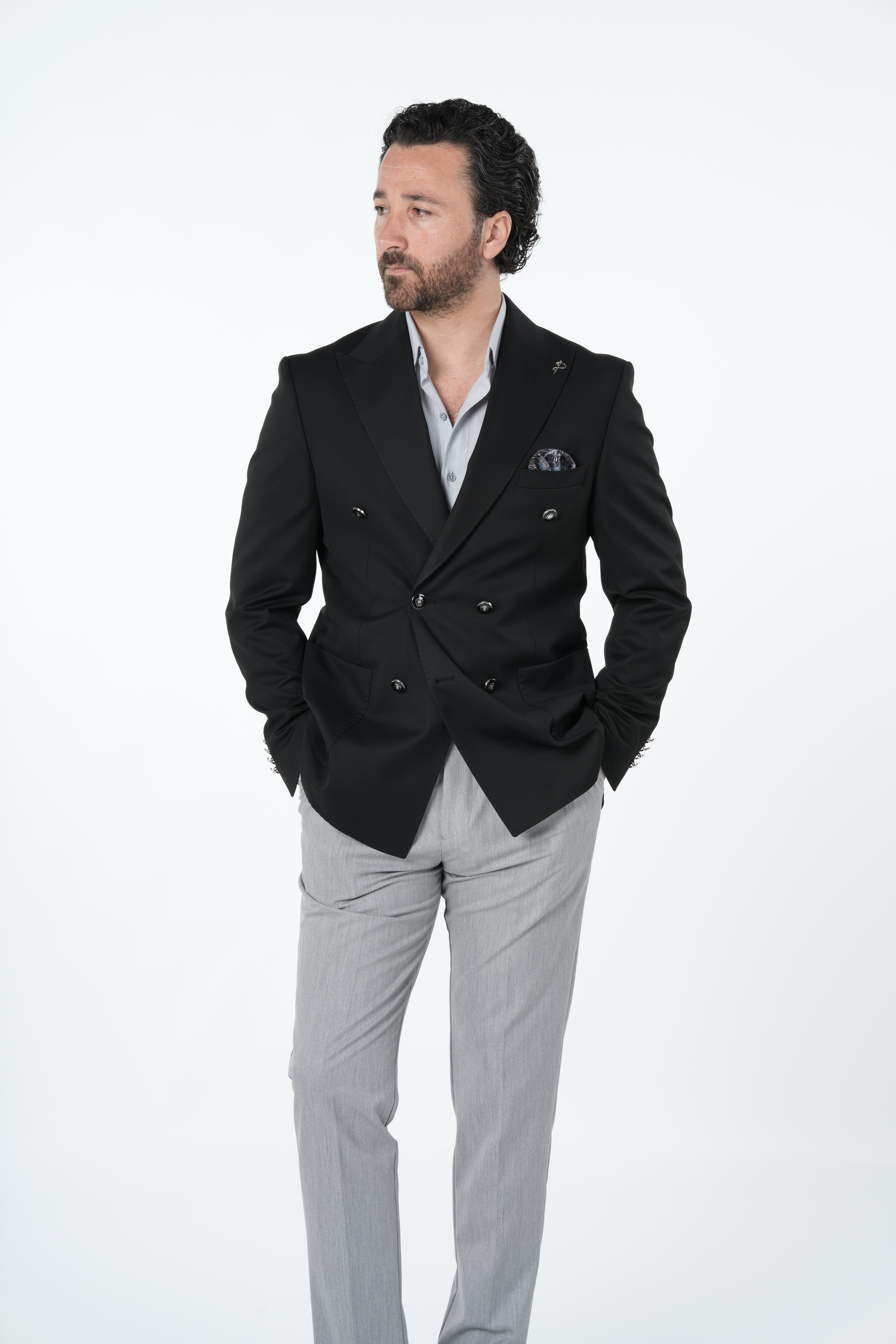 Erkek Premium İtalyan Stil Slim Fit Erkek Punto Dikişli Torba Cepli Yarım Astarlı Kruvaze Ceket-Siyah