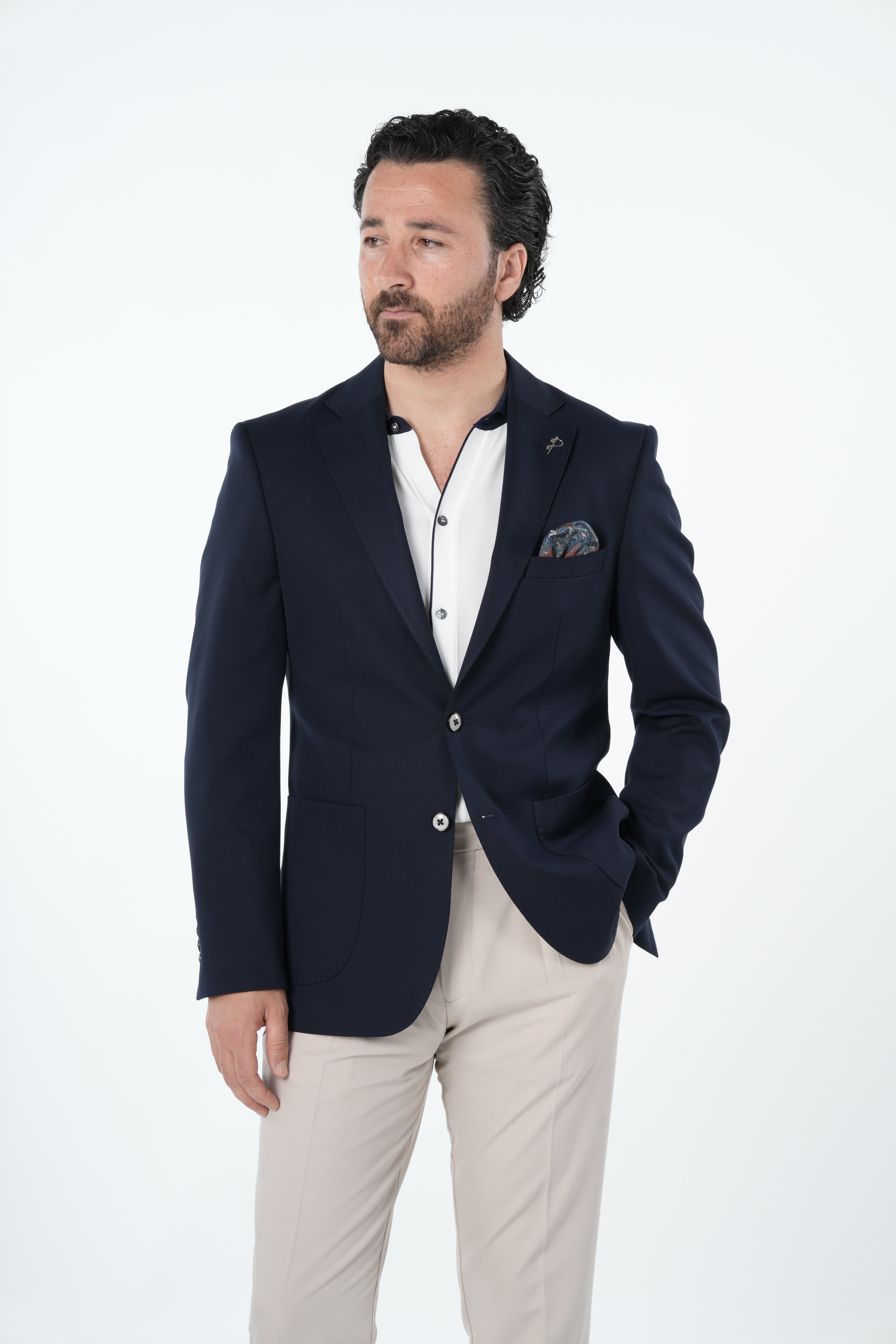 Erkek Premium İtalyan Stil Slim Fit Erkek Punto Dikişli Torba Cepli Yarım Astarlı Ceket-Lacivert