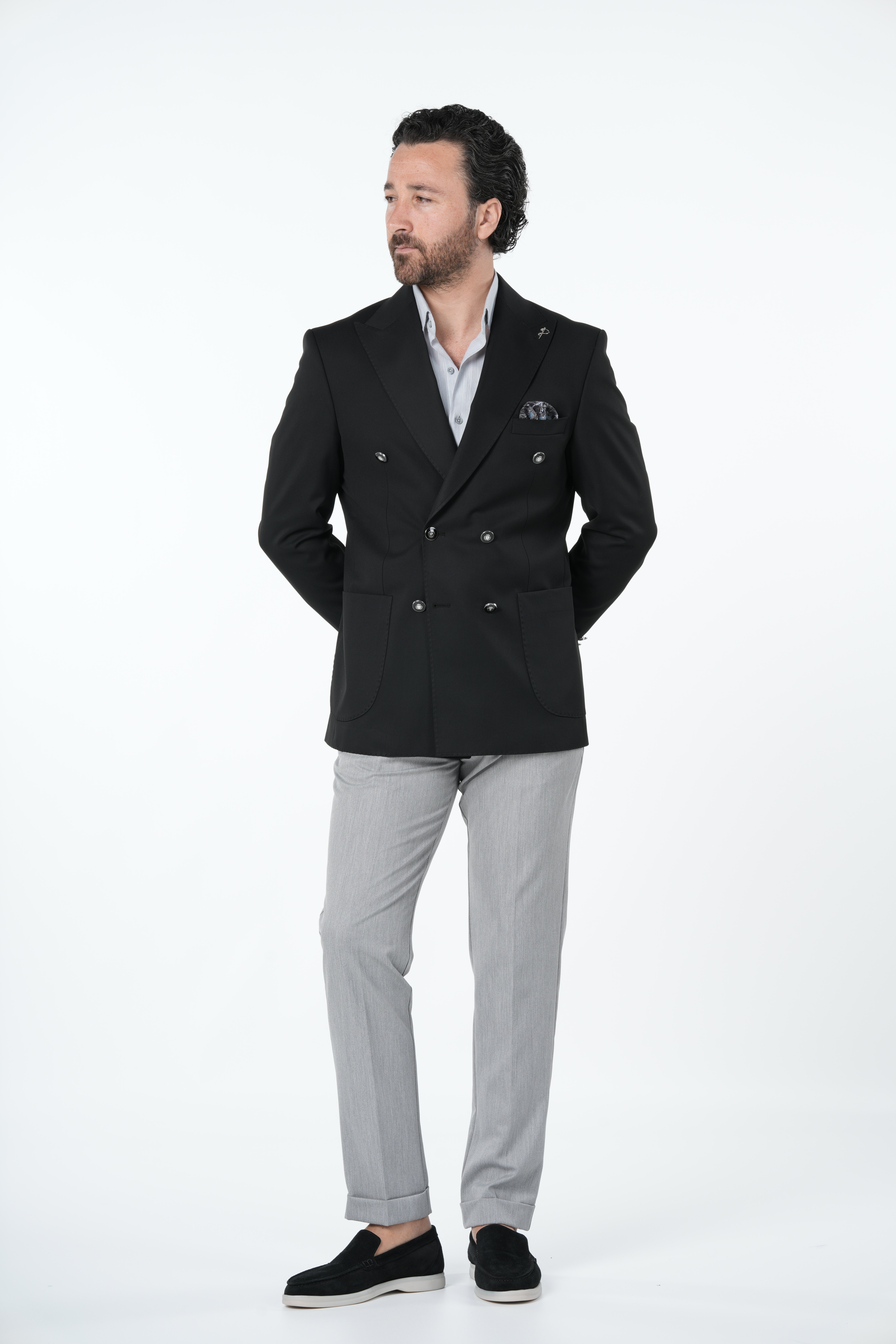 Erkek Premium İtalyan Stil Slim Fit Erkek Punto Dikişli Torba Cepli Yarım Astarlı Kruvaze Ceket-Siyah