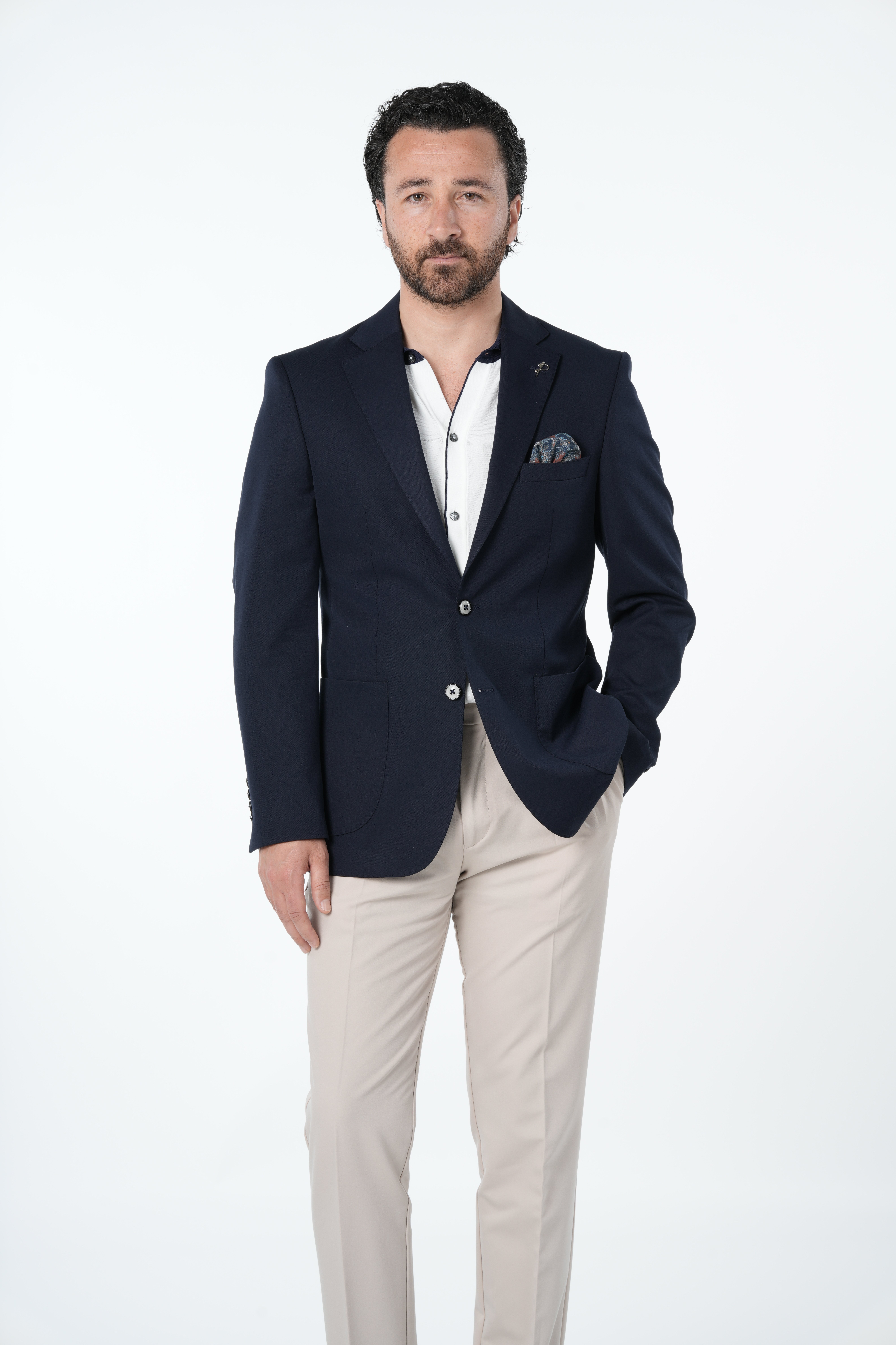 Erkek Premium İtalyan Stil Slim Fit Erkek Punto Dikişli Torba Cepli Yarım Astarlı Ceket-Lacivert