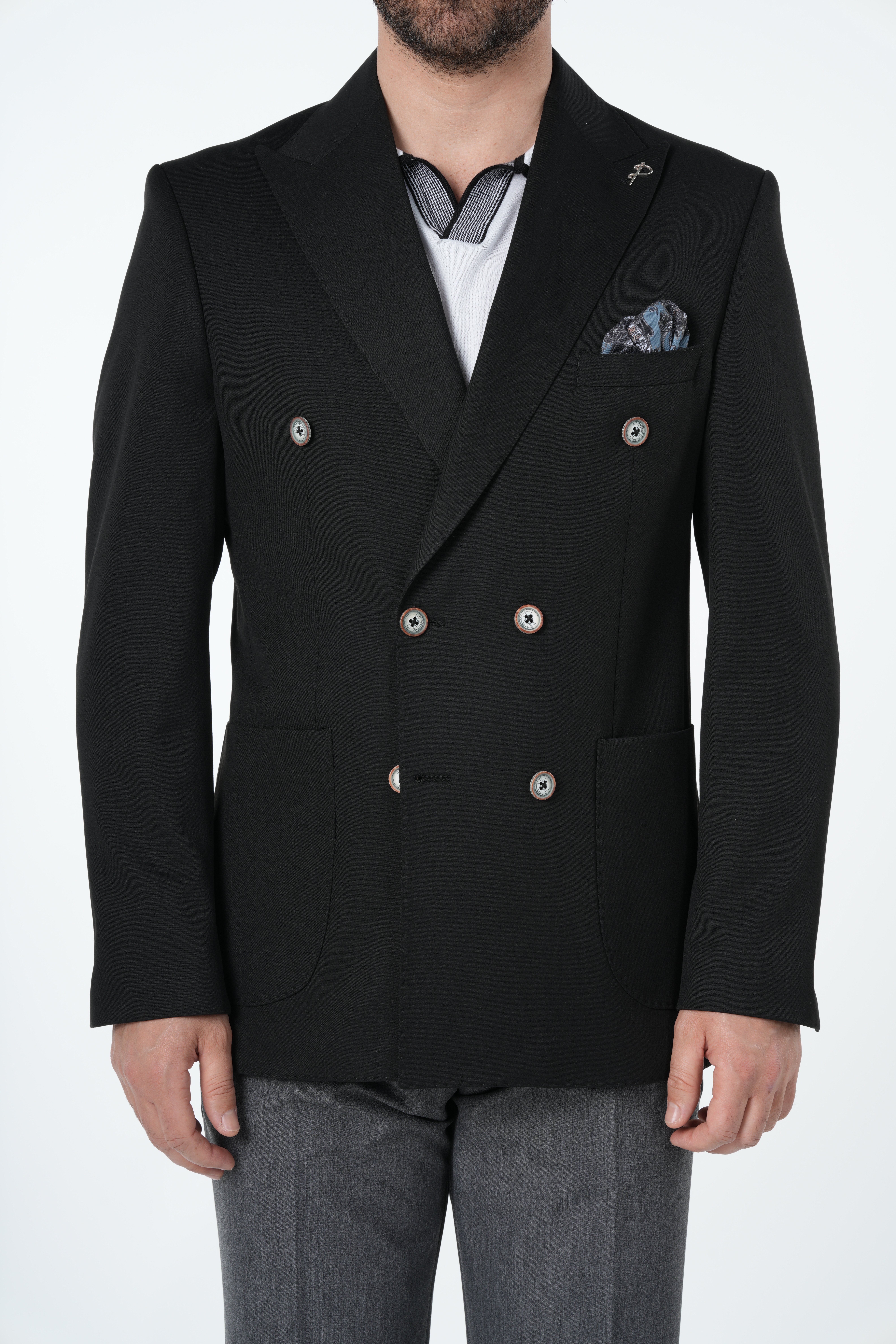 Erkek Premium İtalyan Stil Slim Fit Erkek Punto Dikişli Torba Cepli Yarım Astarlı Kruvaze Ceket-Siyah