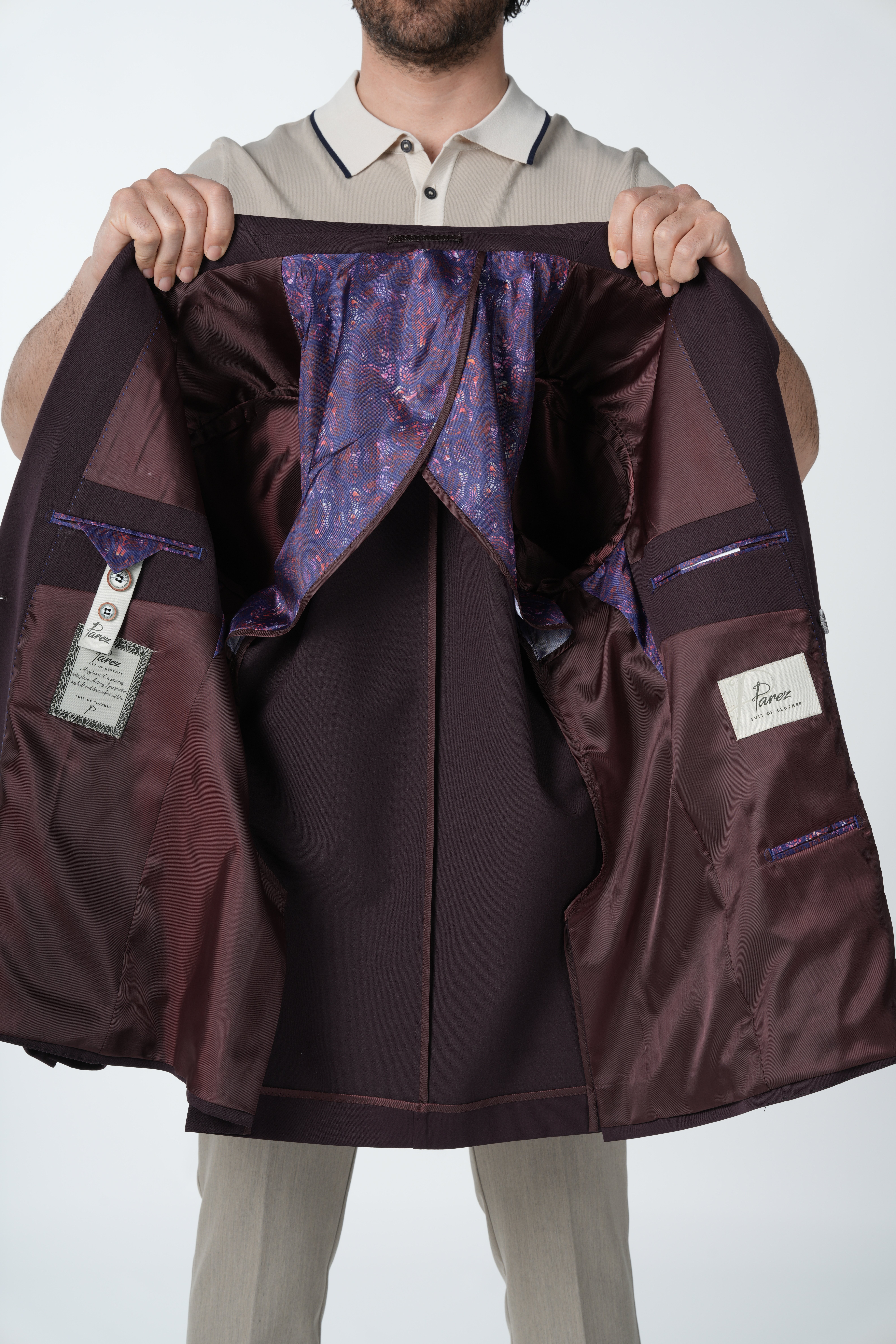 Erkek Premium İtalyan Stil Slim Fit Erkek Punto Dikişli Torba Cepli Yarım Astarlı Kruvaze Ceket-Mor