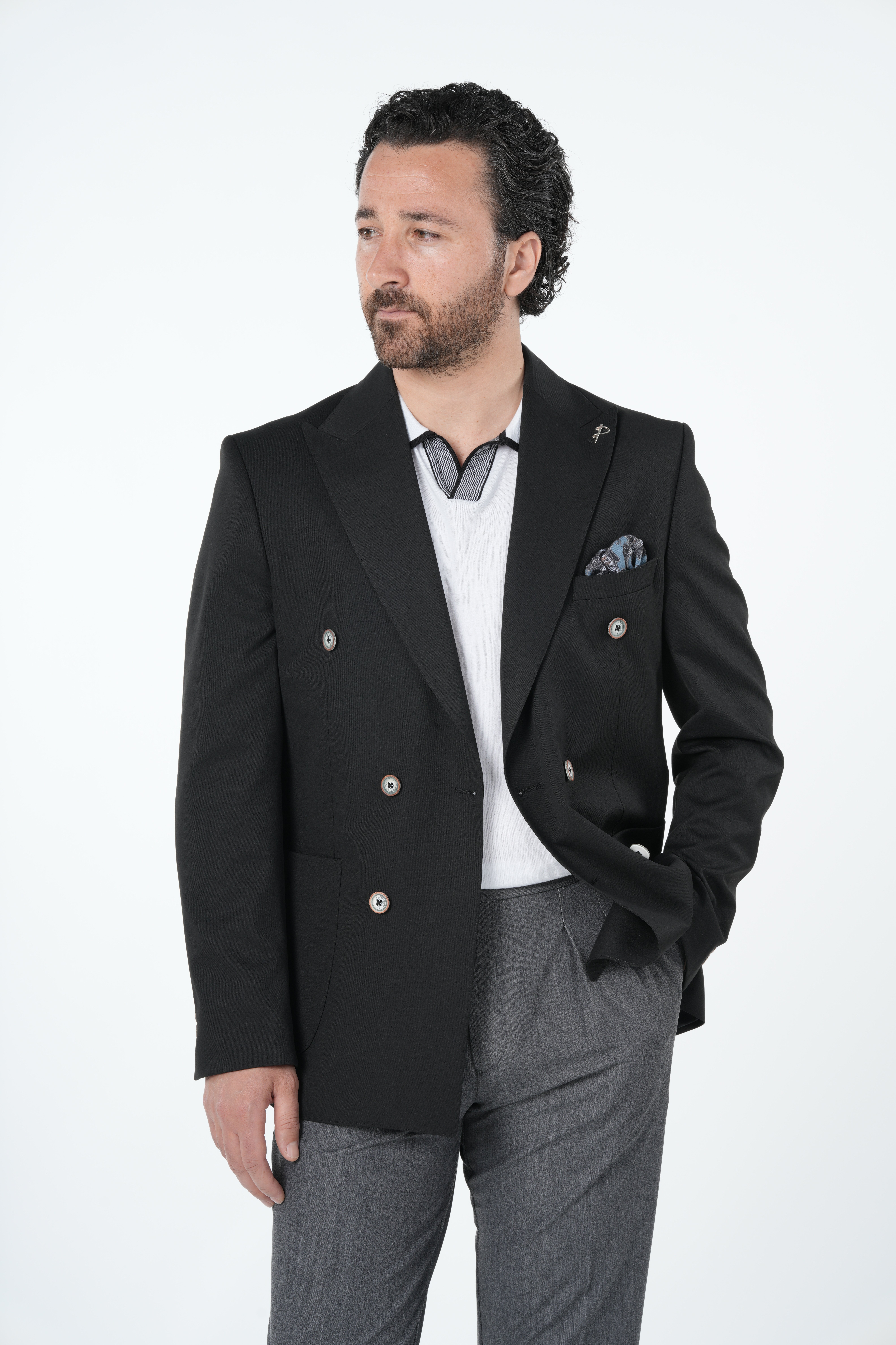 Erkek Premium İtalyan Stil Slim Fit Erkek Punto Dikişli Torba Cepli Yarım Astarlı Kruvaze Ceket-Siyah