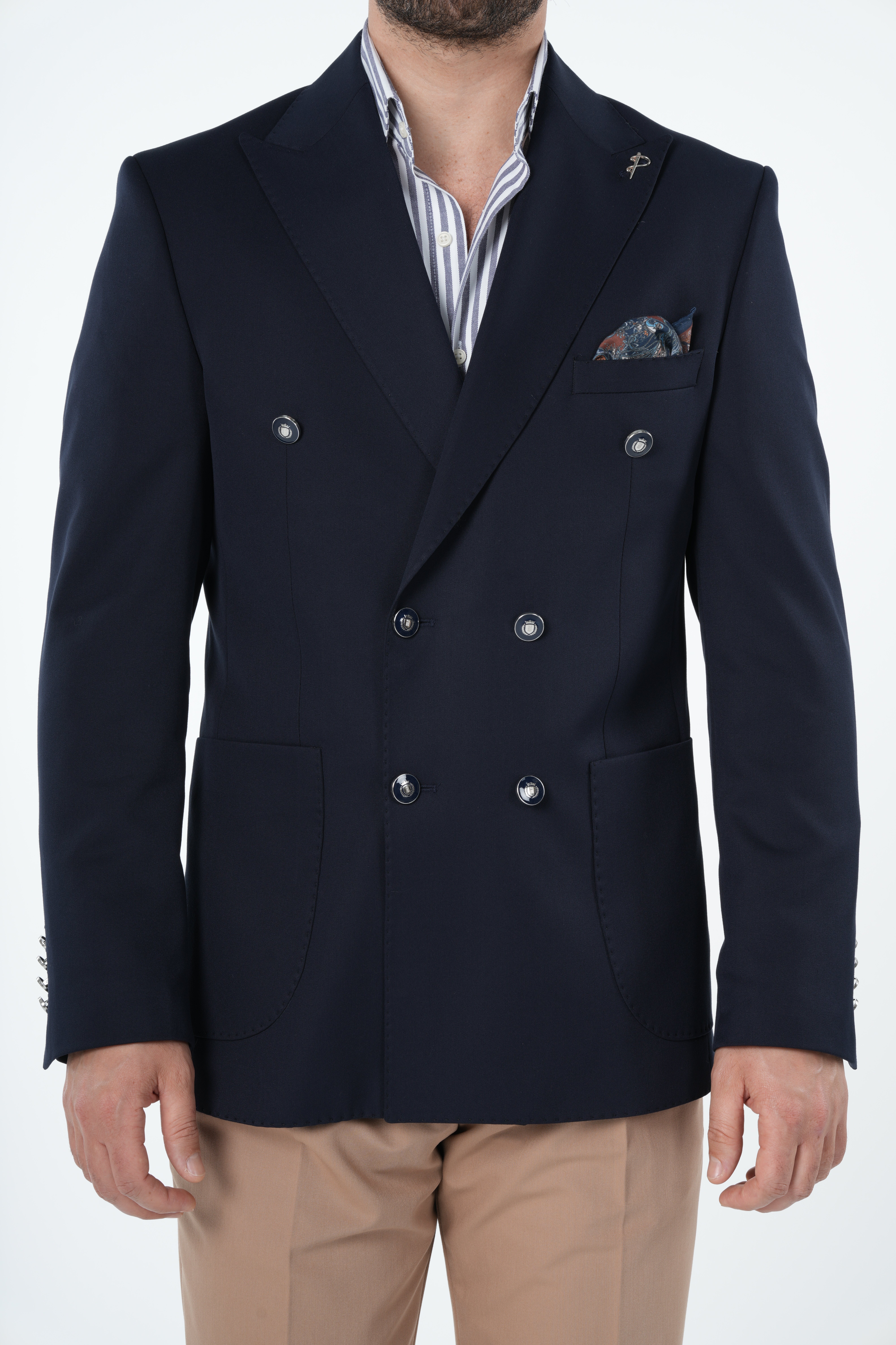 Erkek Premium İtalyan Stil Slim Fit Erkek Punto Dikişli Torba Cepli Yarım Astarlı Kruvaze Ceket-Lacivert