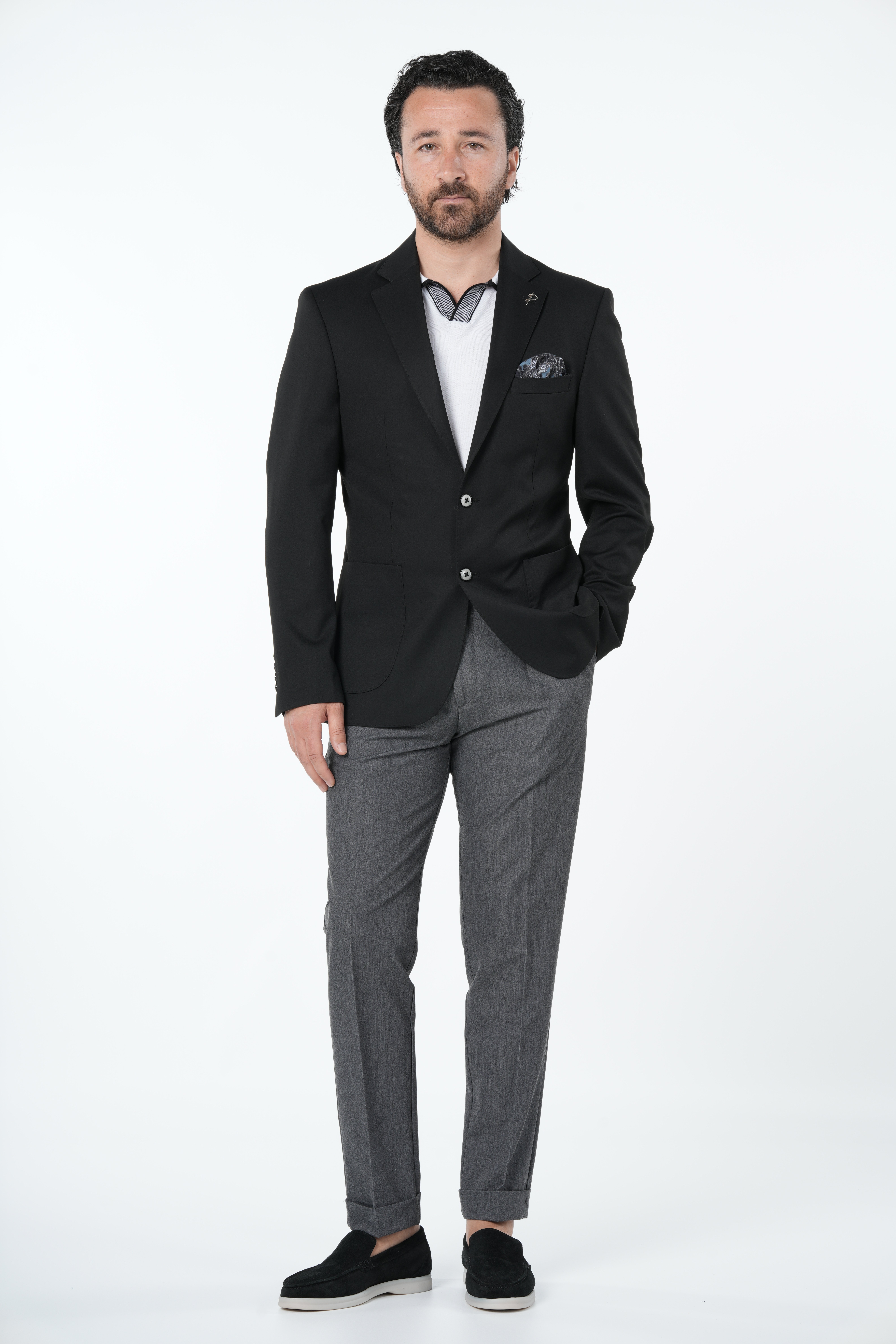 Erkek Premium İtalyan Stil Slim Fit Erkek Punto Dikişli Torba Cepli Yarım Astarlı Ceket-Siyah